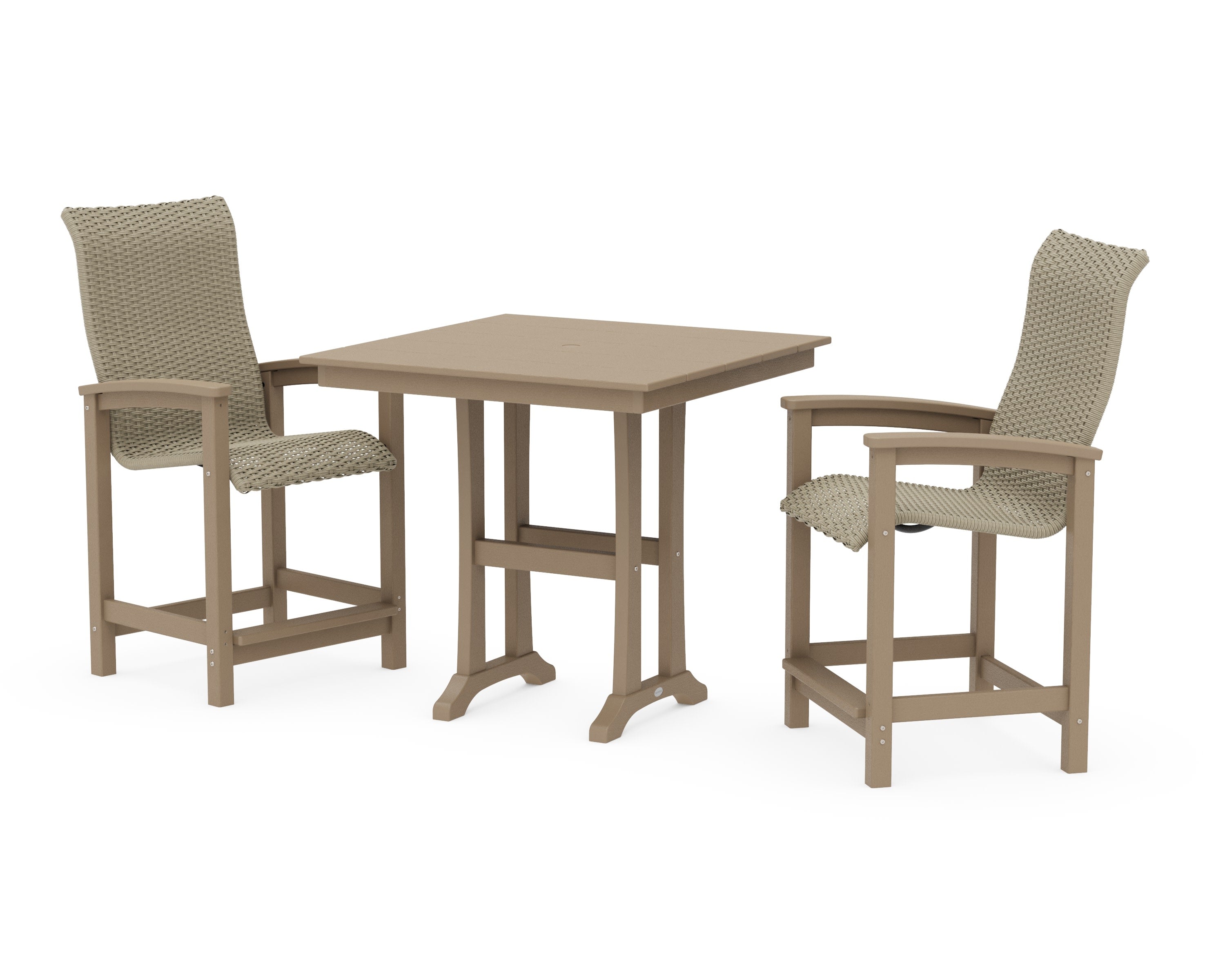 Coastal Woven High-Back 3-Piece Farmhouse Counter Set with Trestle Legs in Vintage Sahara / Dune Grass