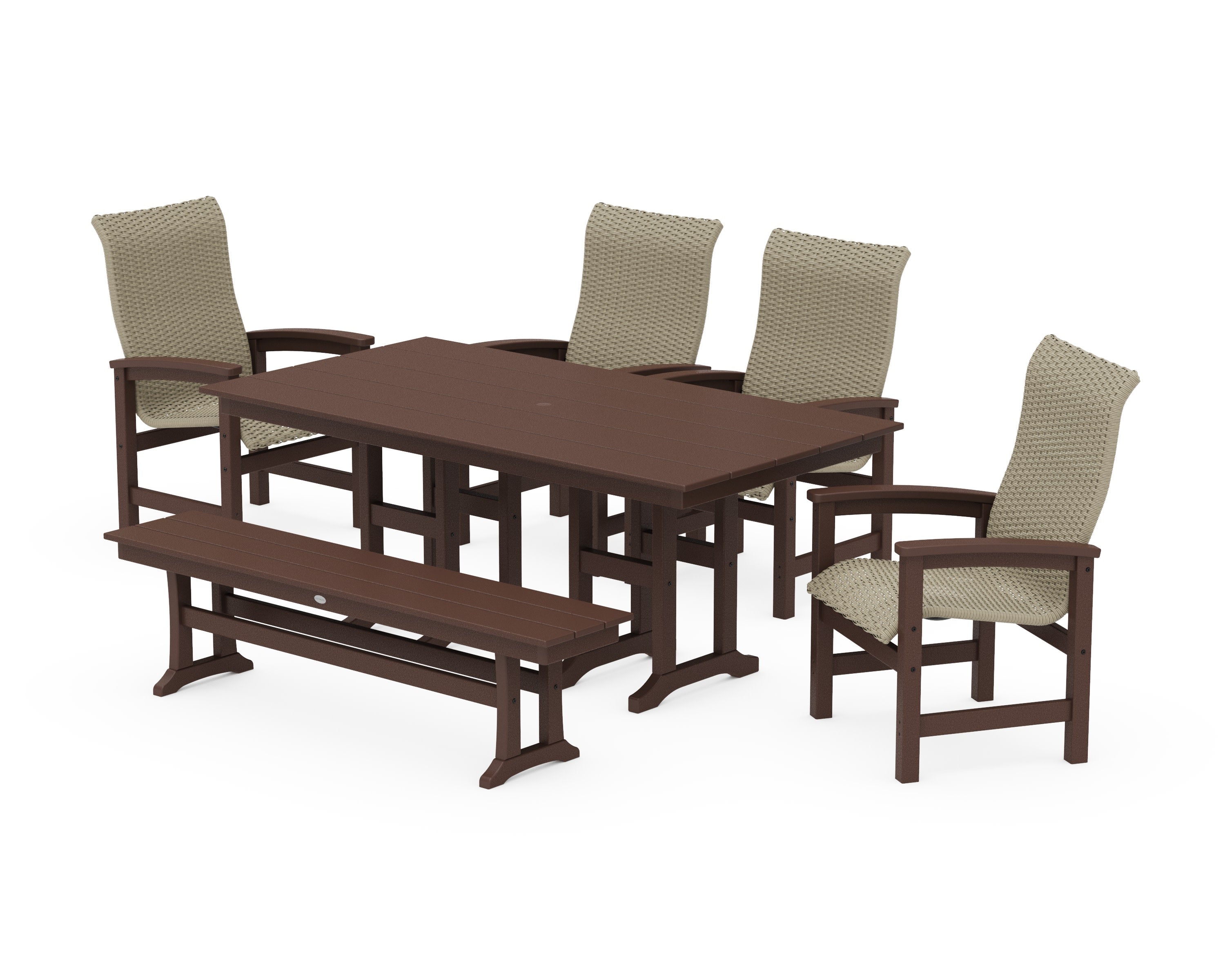 Coastal Woven High-Back 6-Piece Farmhouse Dining Set with Bench in Mahogany / Dune Grass