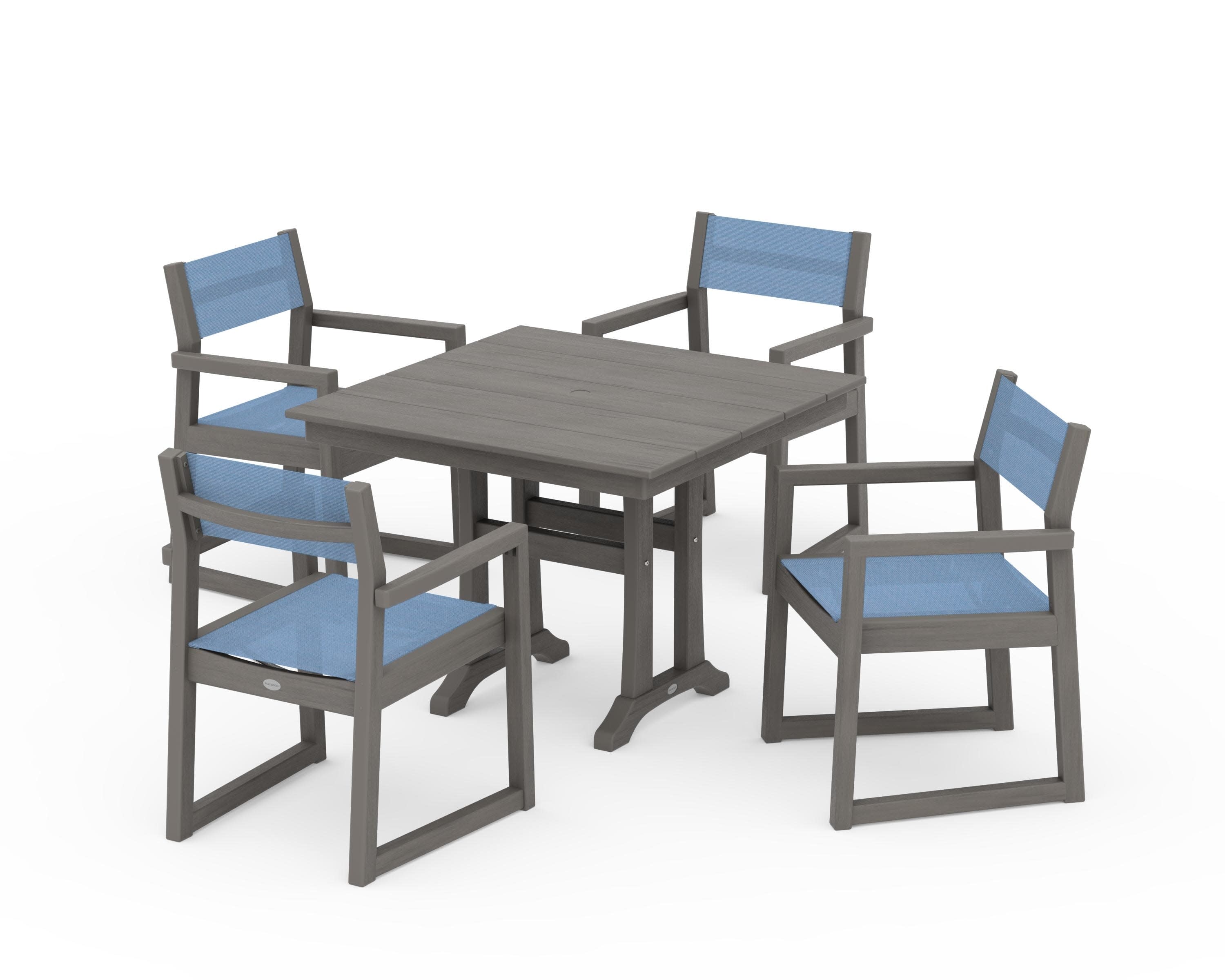 EDGE Sling 5-Piece Farmhouse Dining Set with Trestle Legs in Driftwood / Poolside Sling