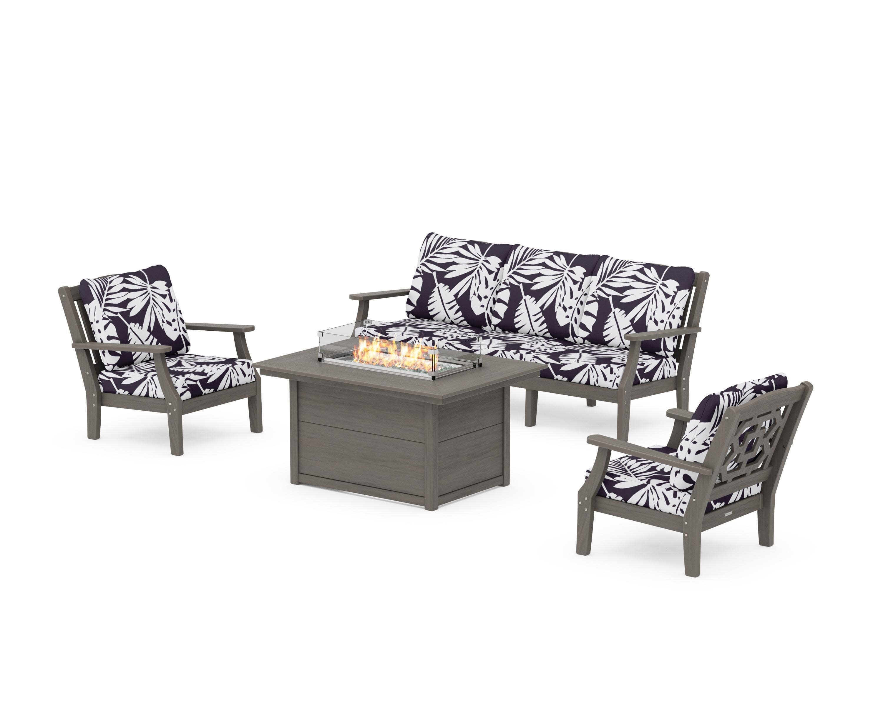Chinoiserie Deep Seating Fire Pit Table Set in Driftwood / Leaf Navy