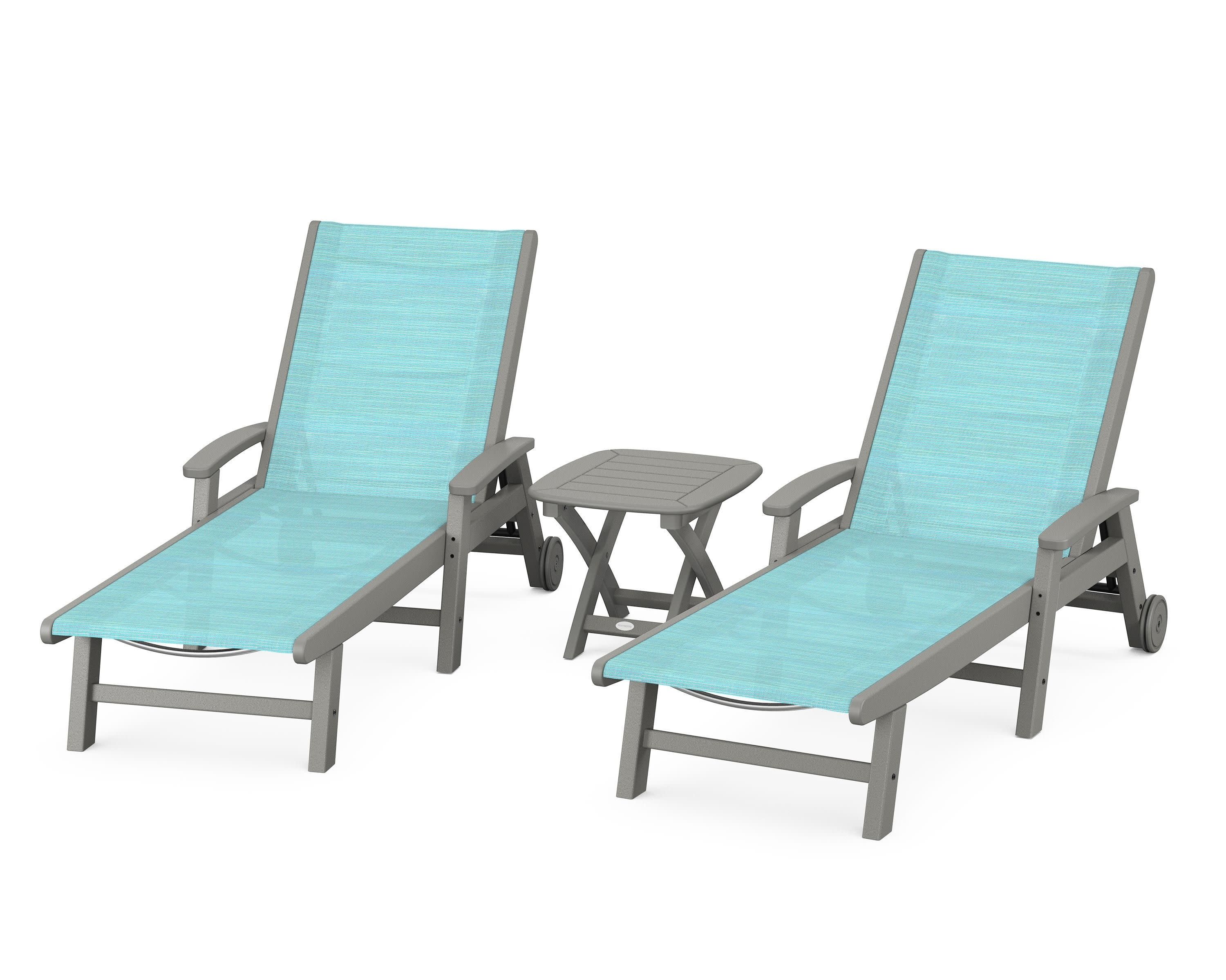 Coastal 3-Piece Wheeled Chaise Set in Slate Grey / Dupioni Aquamarine Sling
