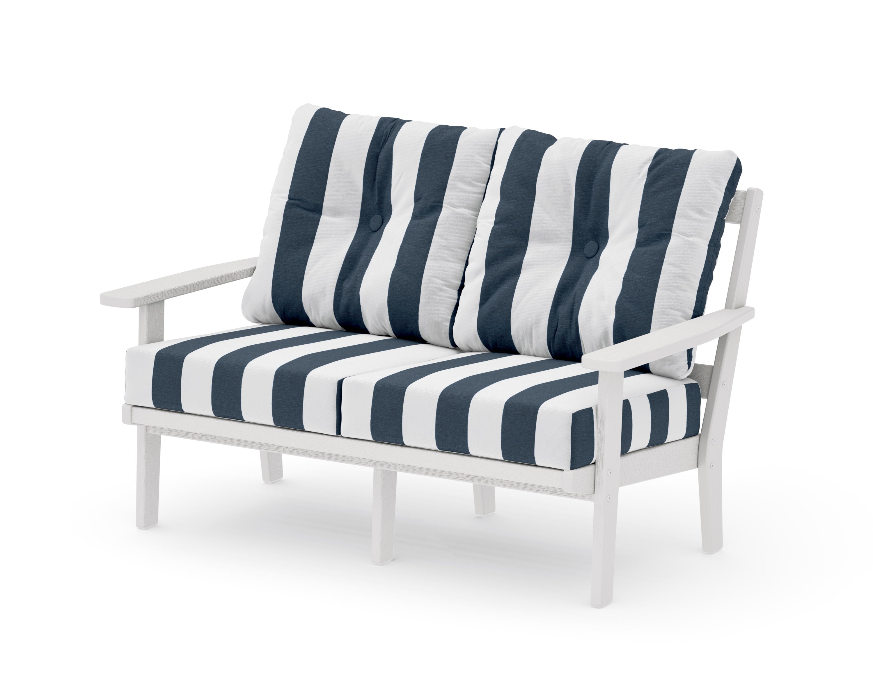 Prairie Deep SeatingLoveseat in Vintage White / Cabana Stripe Marine Indigo