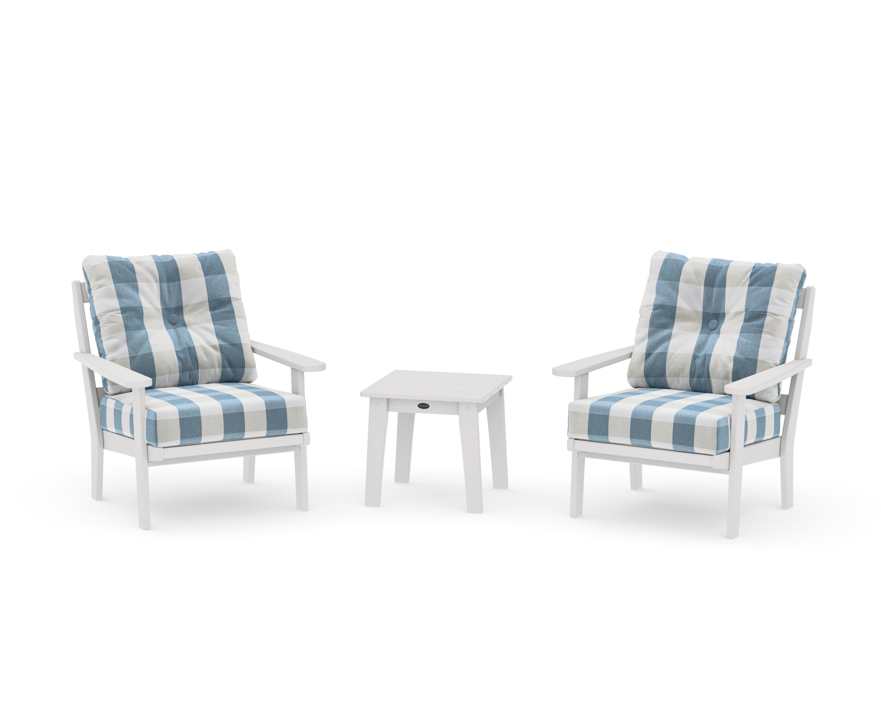 Mission 3-Piece Deep Seating Set in Vintage White / Buffalo Plaid Sky Blue