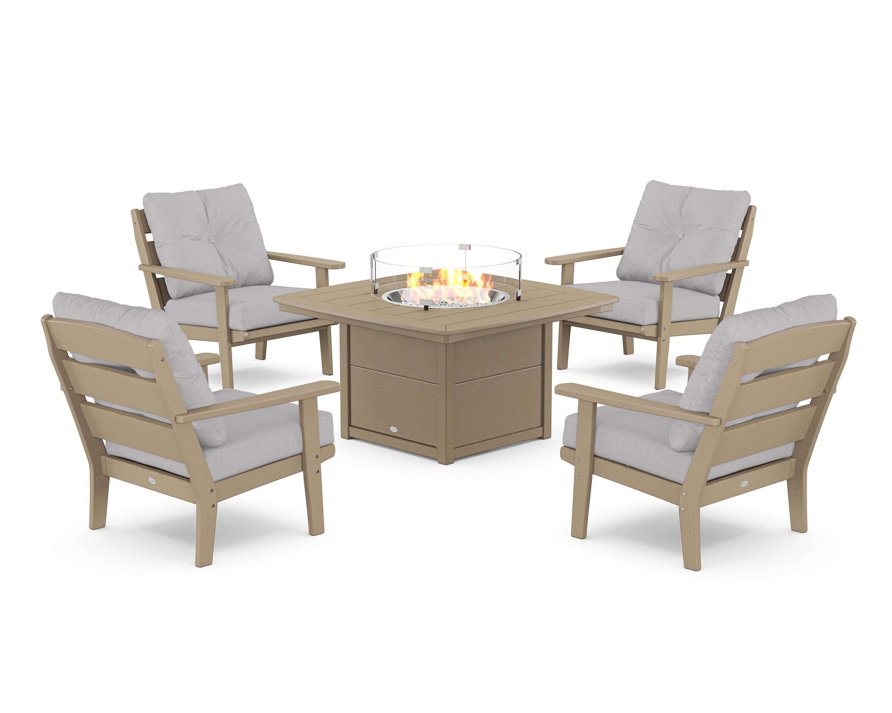 Lakeside 5-Piece Deep Seating Set with Nautical Fire Pit Table in Vintage Sahara / Granite