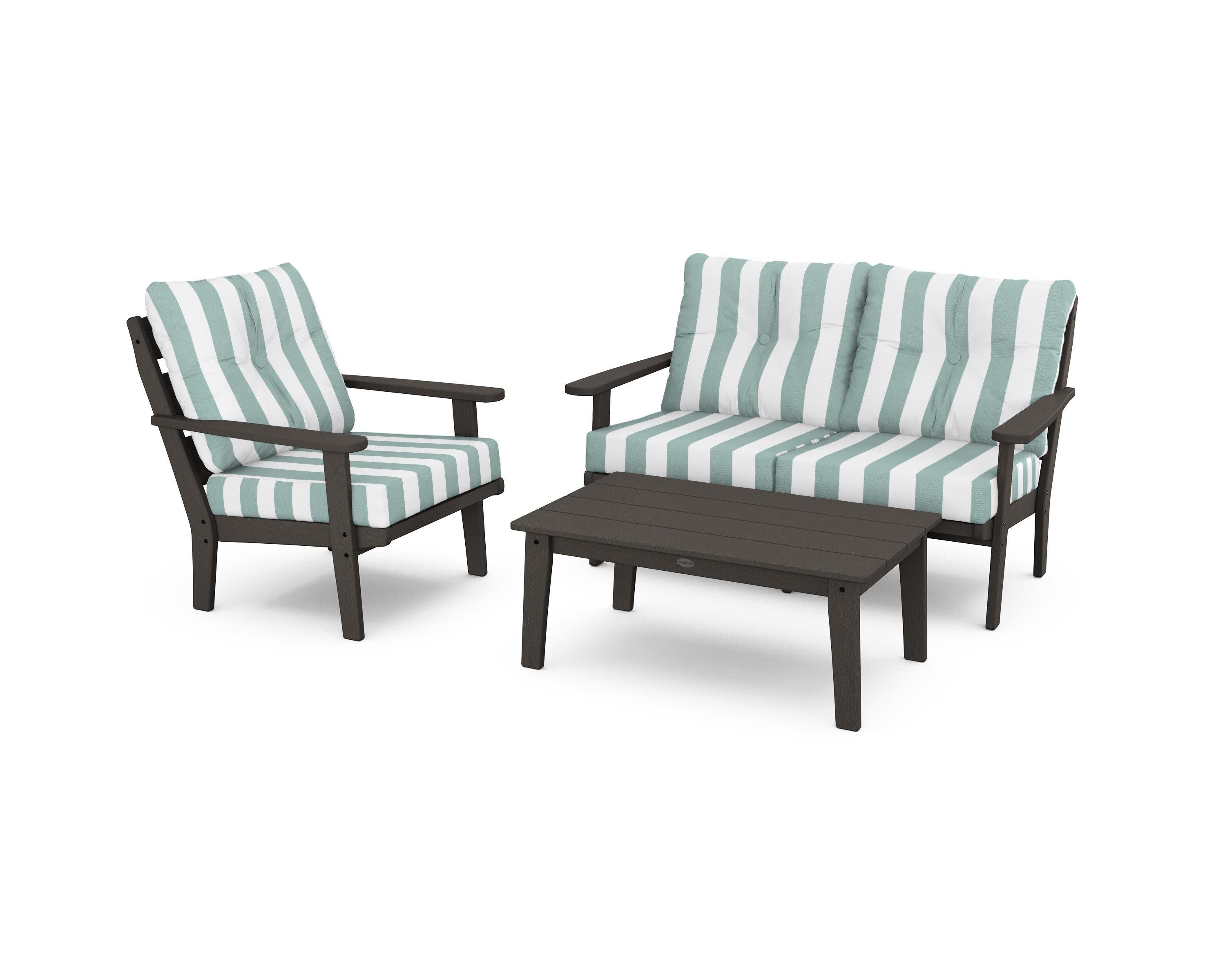 Lakeside 3-Piece Deep Seating Set in Vintage Coffee / Cabana Stripe Glacier Spa