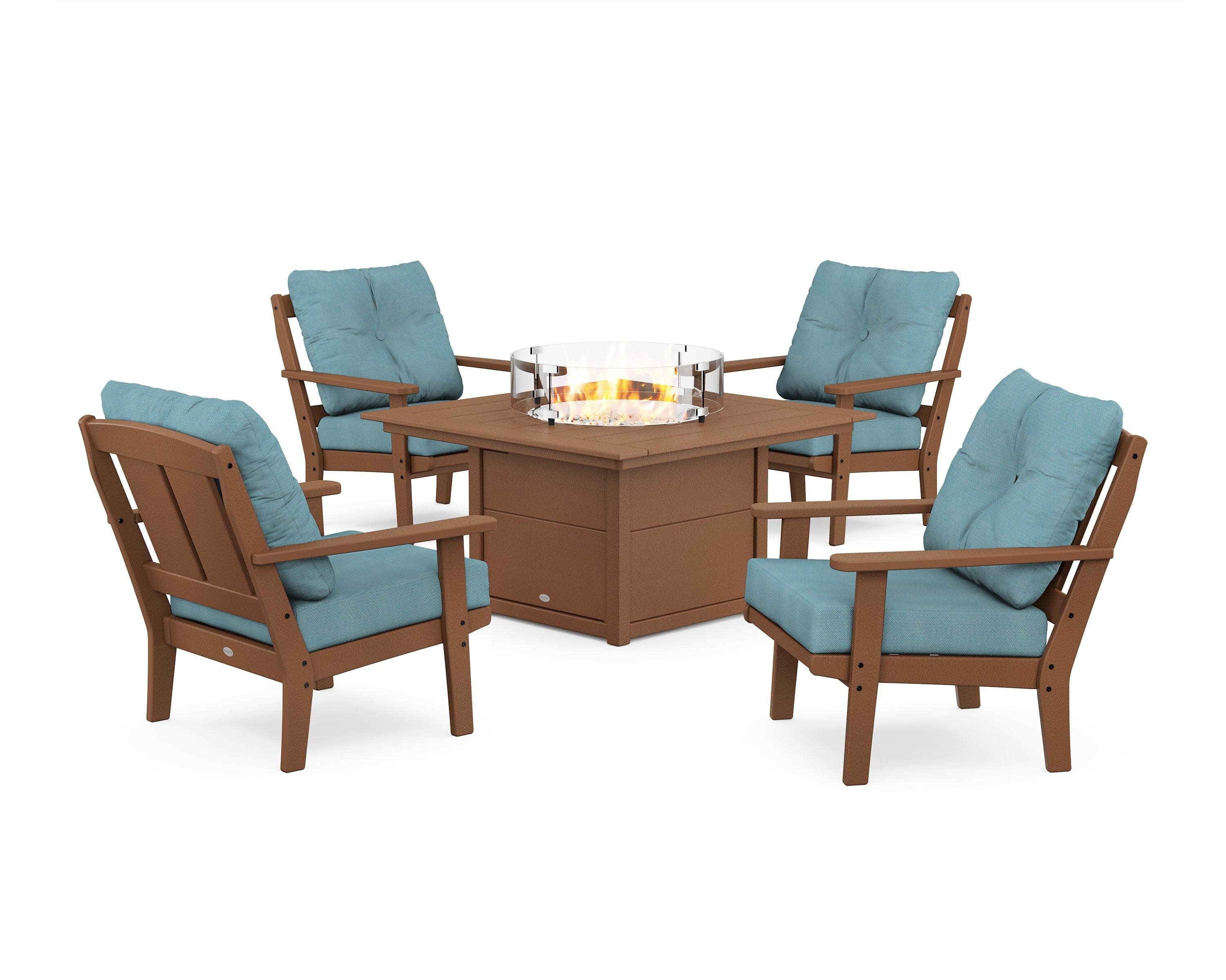 Mission 5-Piece Deep Seating Set with Fire Pit Table in Teak / Lattice Sky Blue
