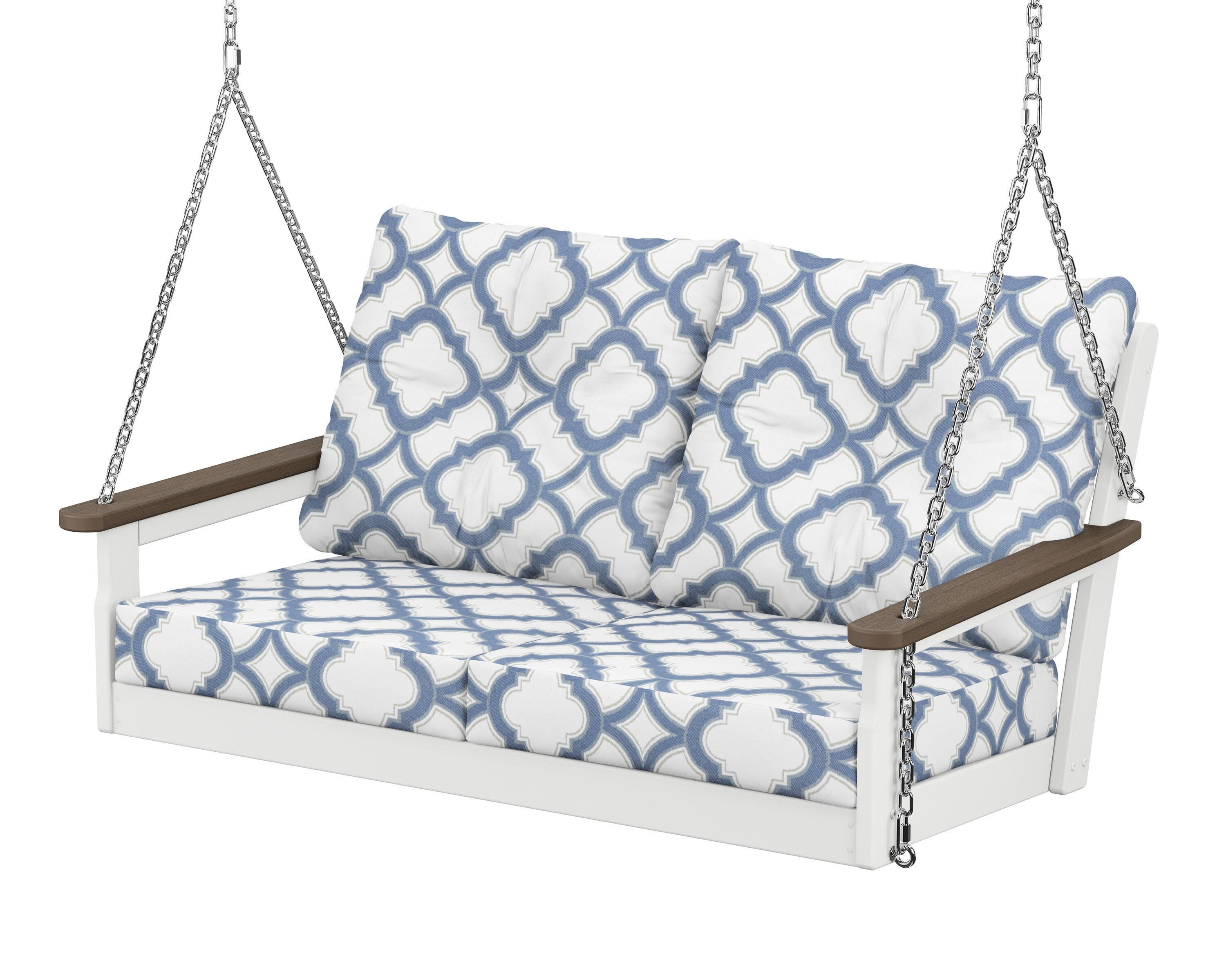 Vineyard Deep Seating Swing in White / Kona / Trellis Sky Blue