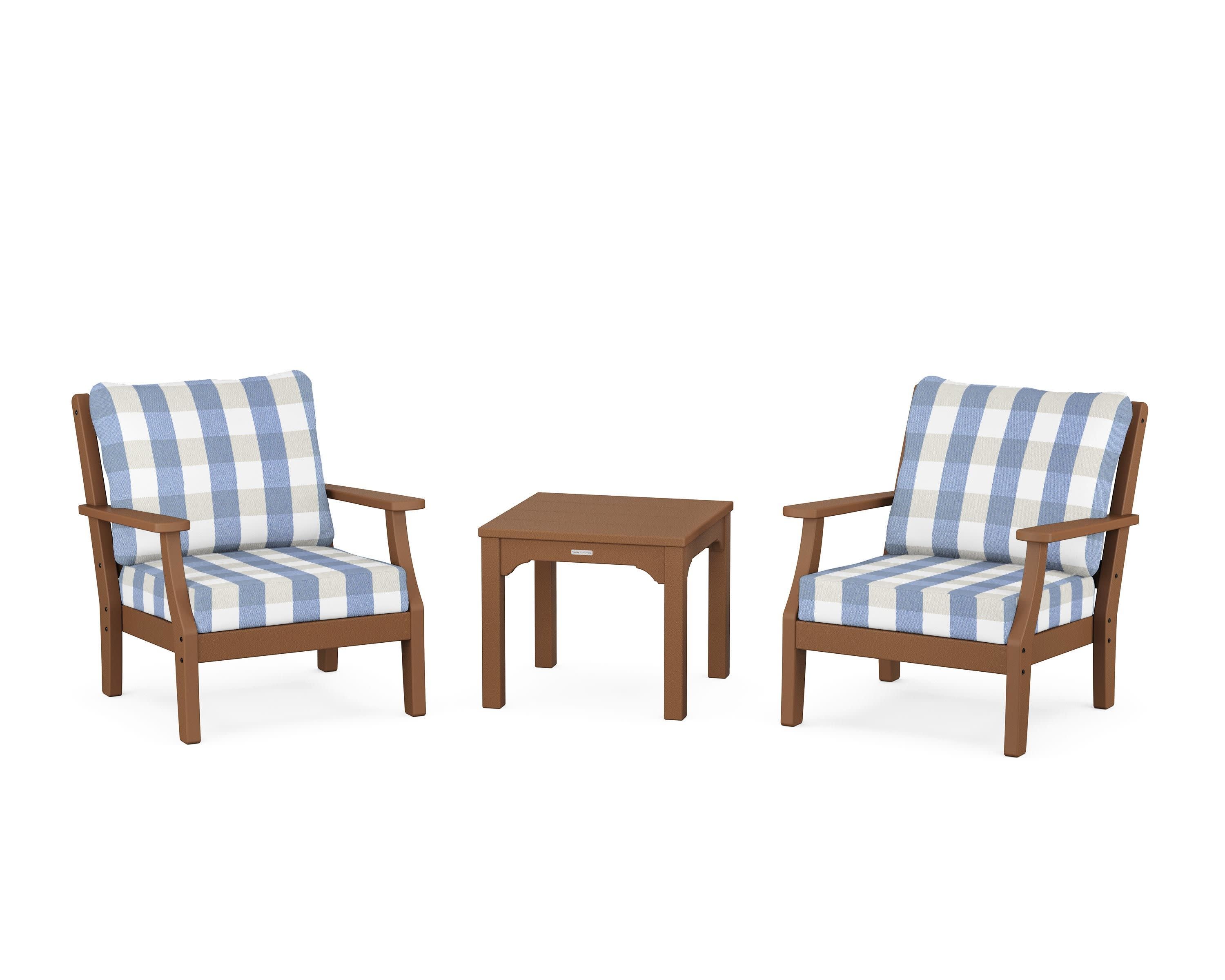 Chinoiserie 3-Piece Deep Seating Set in Teak / Buffalo Plaid Sky Blue