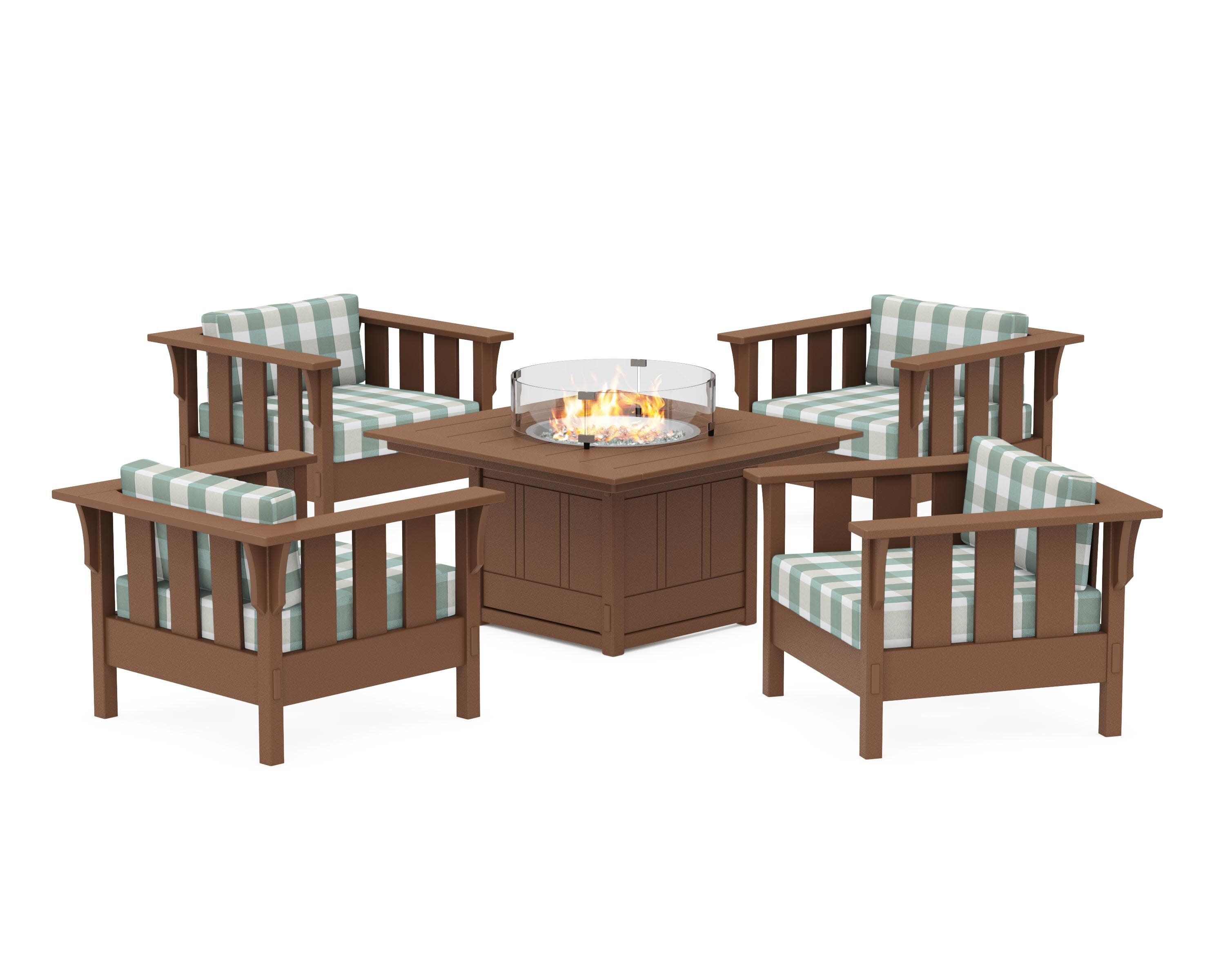 Acadia 5-Piece Deep Seating Set with Fire Pit Table in Teak / Buffalo Plaid Glacier Spa