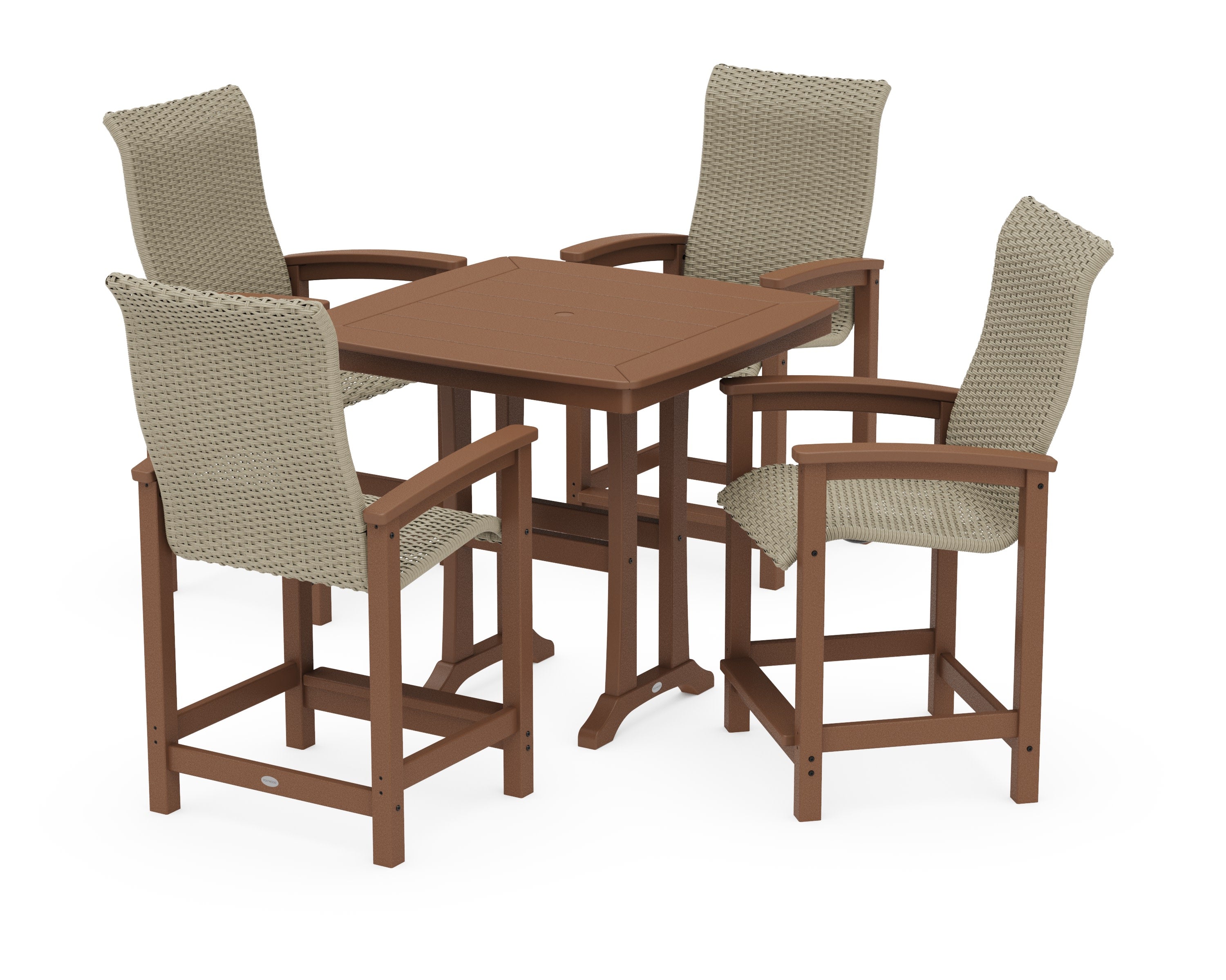 Coastal Woven High-Back 5-Piece Counter Set with Trestle Legs in Teak / Dune Grass