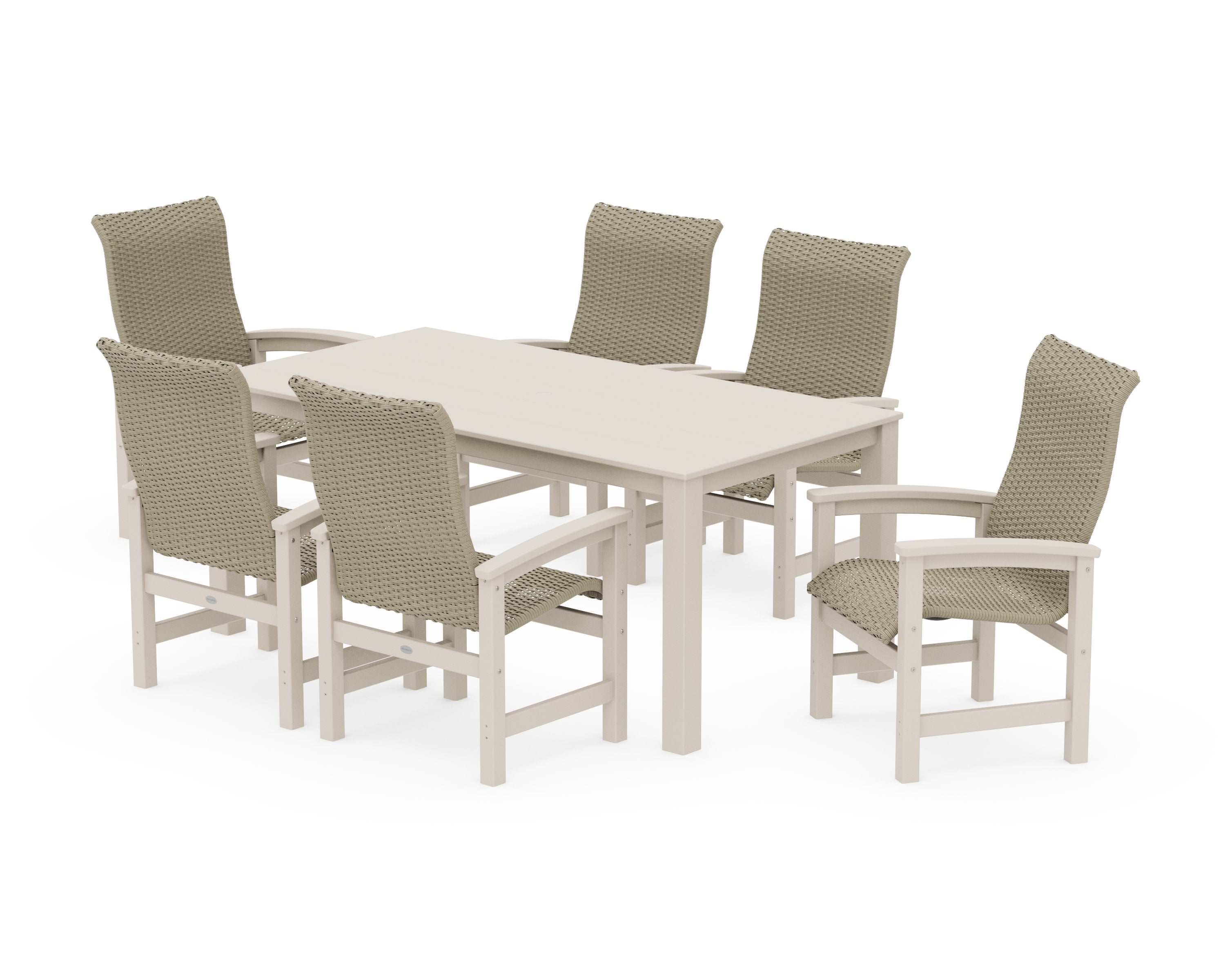Coastal Woven High-Back Arm Chair 7-Piece Parsons Dining Set in Sand / Dune Grass