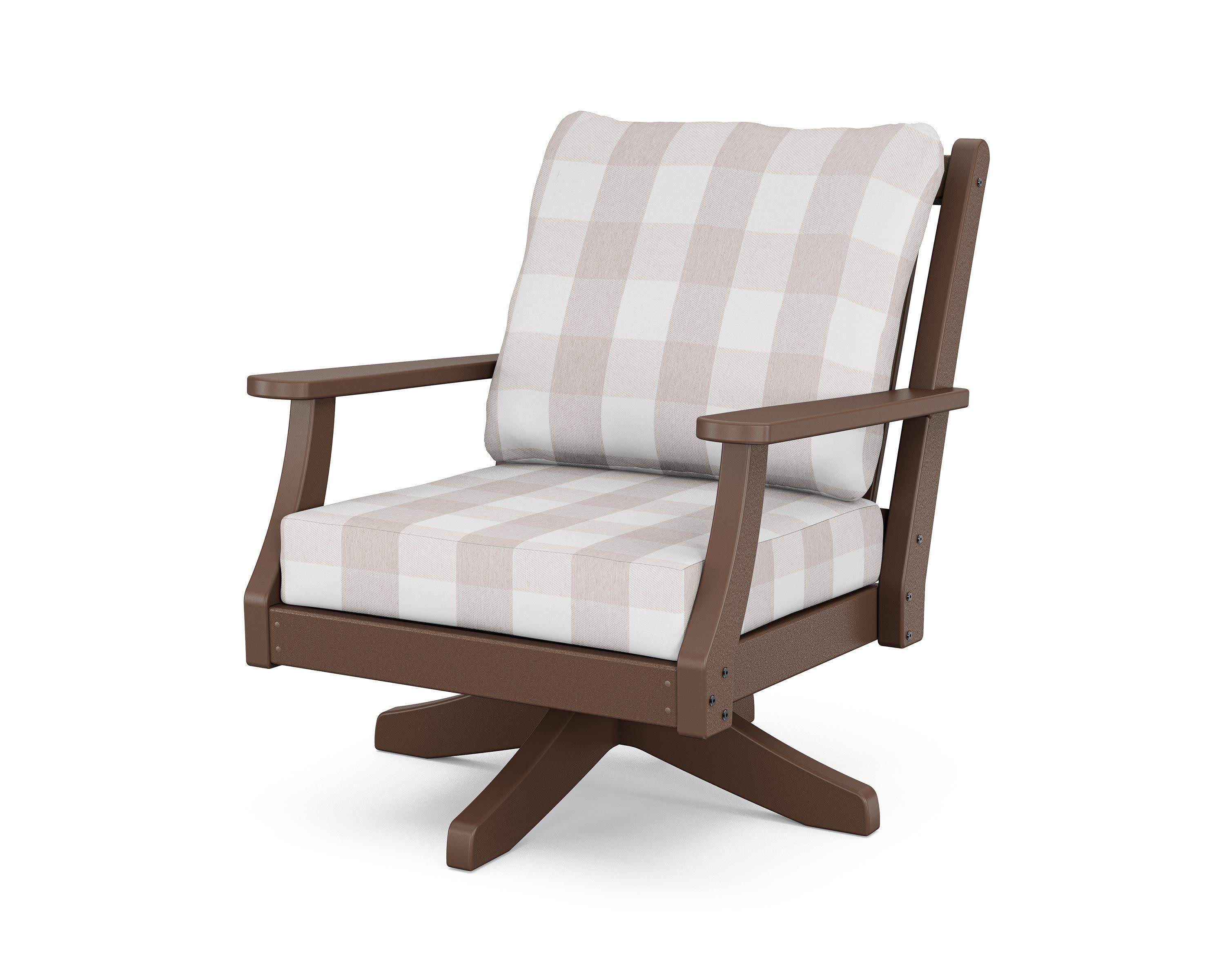 Wovendale Deep Seating Swivel Chair in Mahogany / Buffalo Plaid Dune Burlap