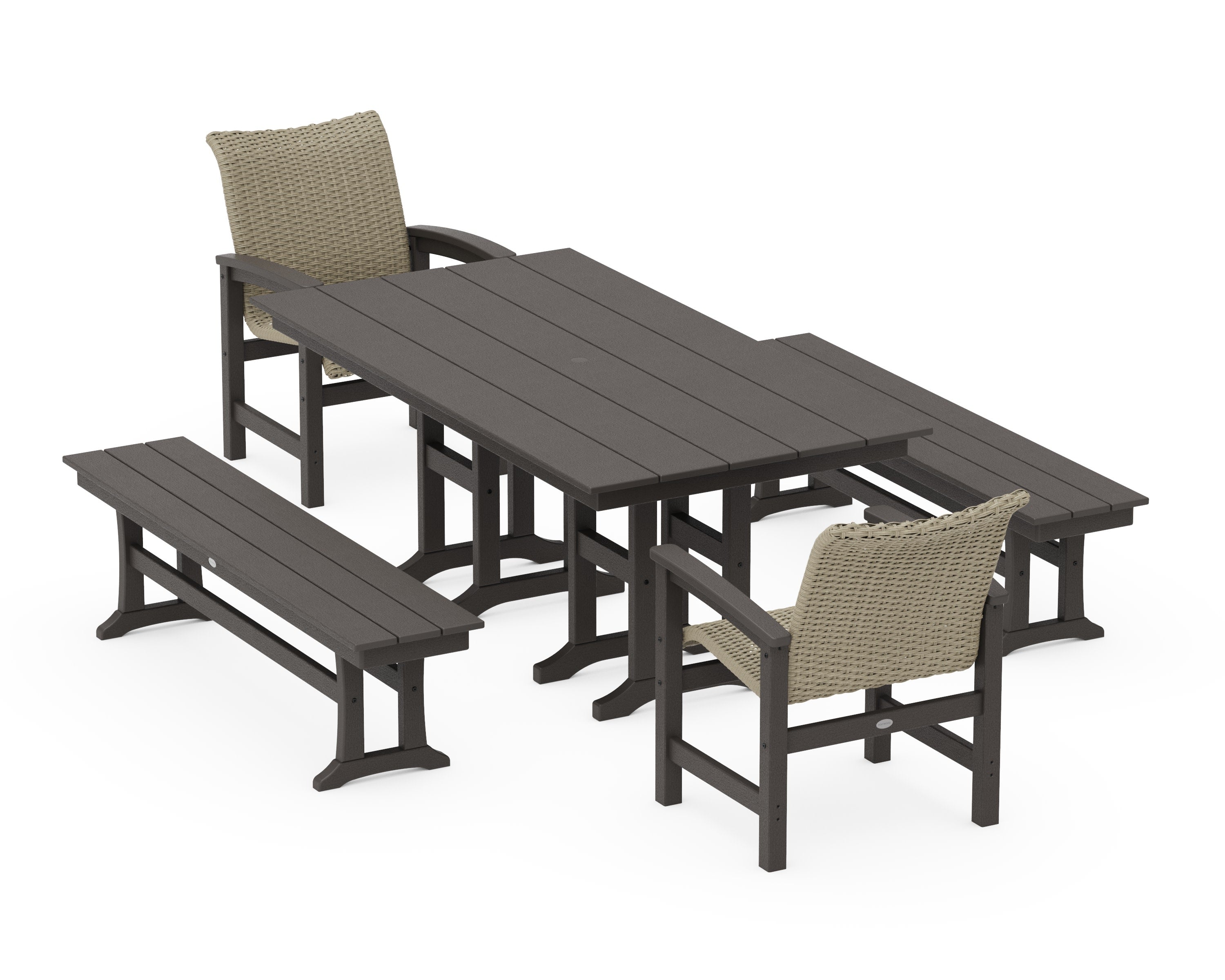 Coastal Woven 5-Piece Farmhouse Dining Set with Benches in Vintage Coffee / Dune Grass
