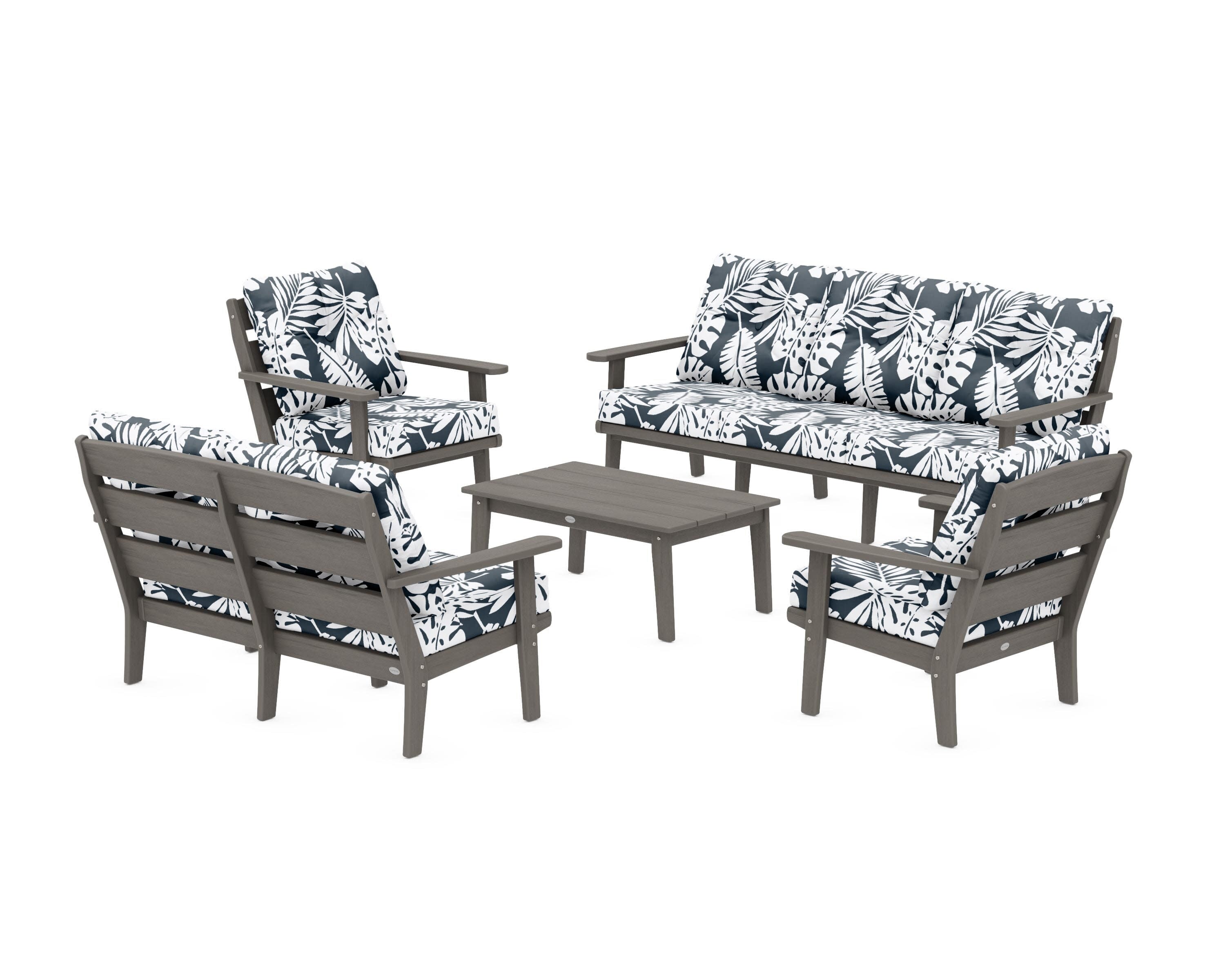 Lakeside 5-Piece Lounge Sofa Set in Driftwood / Leaf Marine Indigo