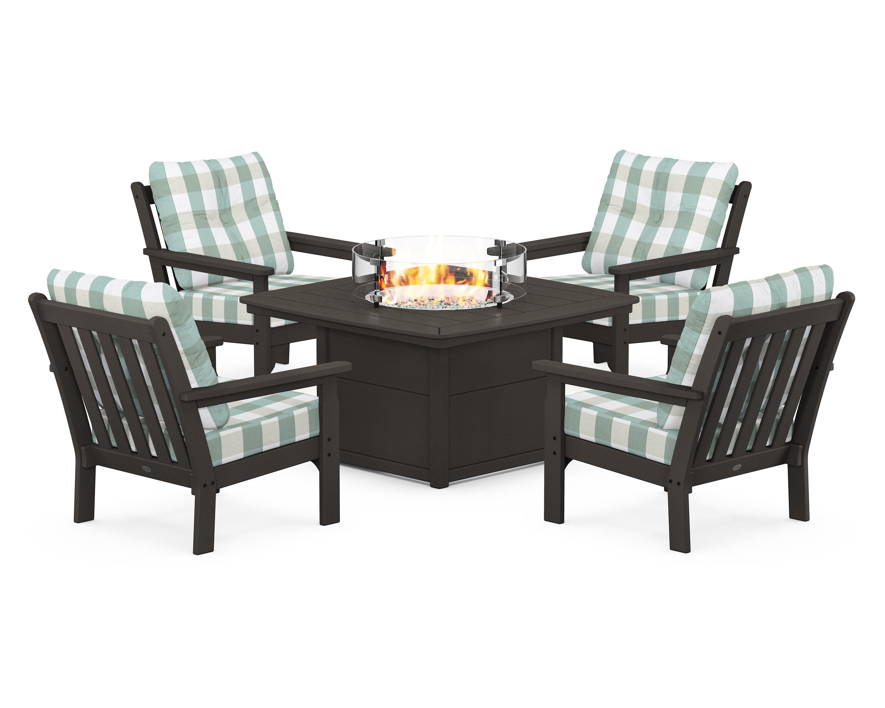 Vineyard 5-Piece Conversation Set with Fire Pit Table in Vintage Coffee / Buffalo Plaid Glacier Spa