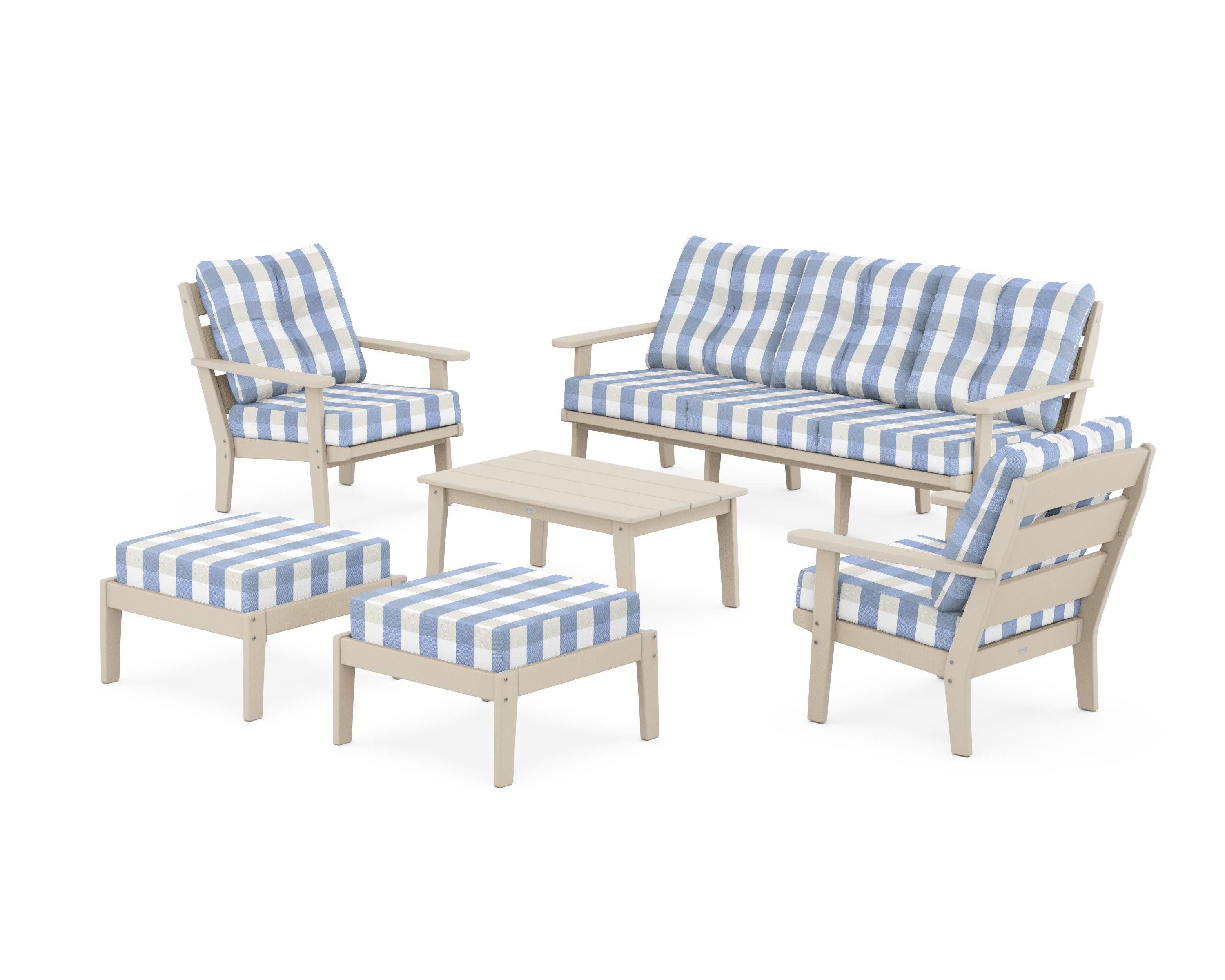 Lakeside 6-Piece Lounge Sofa Set in Sand / Buffalo Plaid Sky Blue