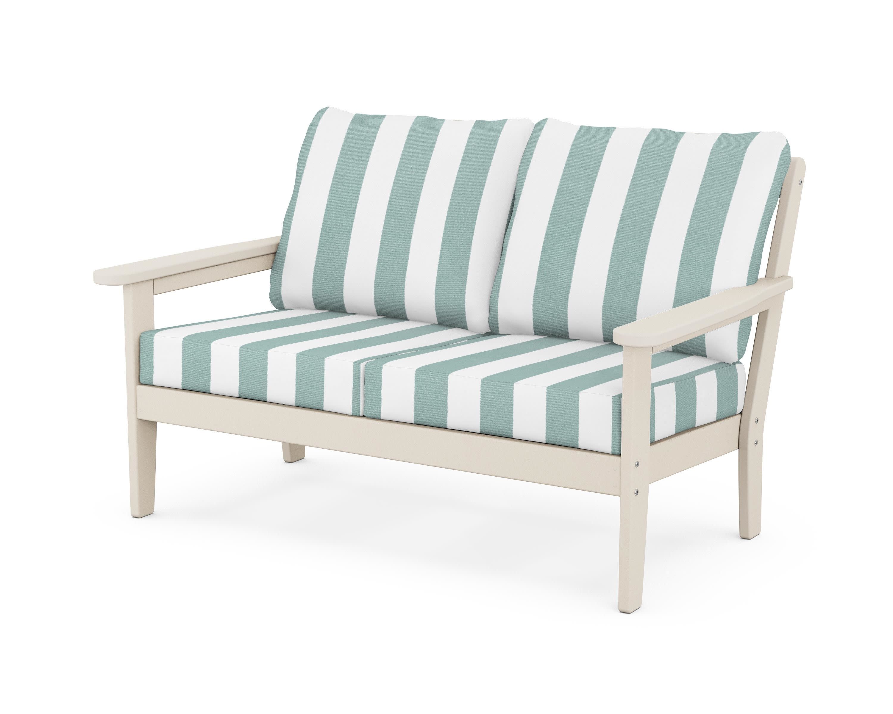 Cottage Deep Seating Loveseat in Sand / Cabana Stripe Glacier Spa
