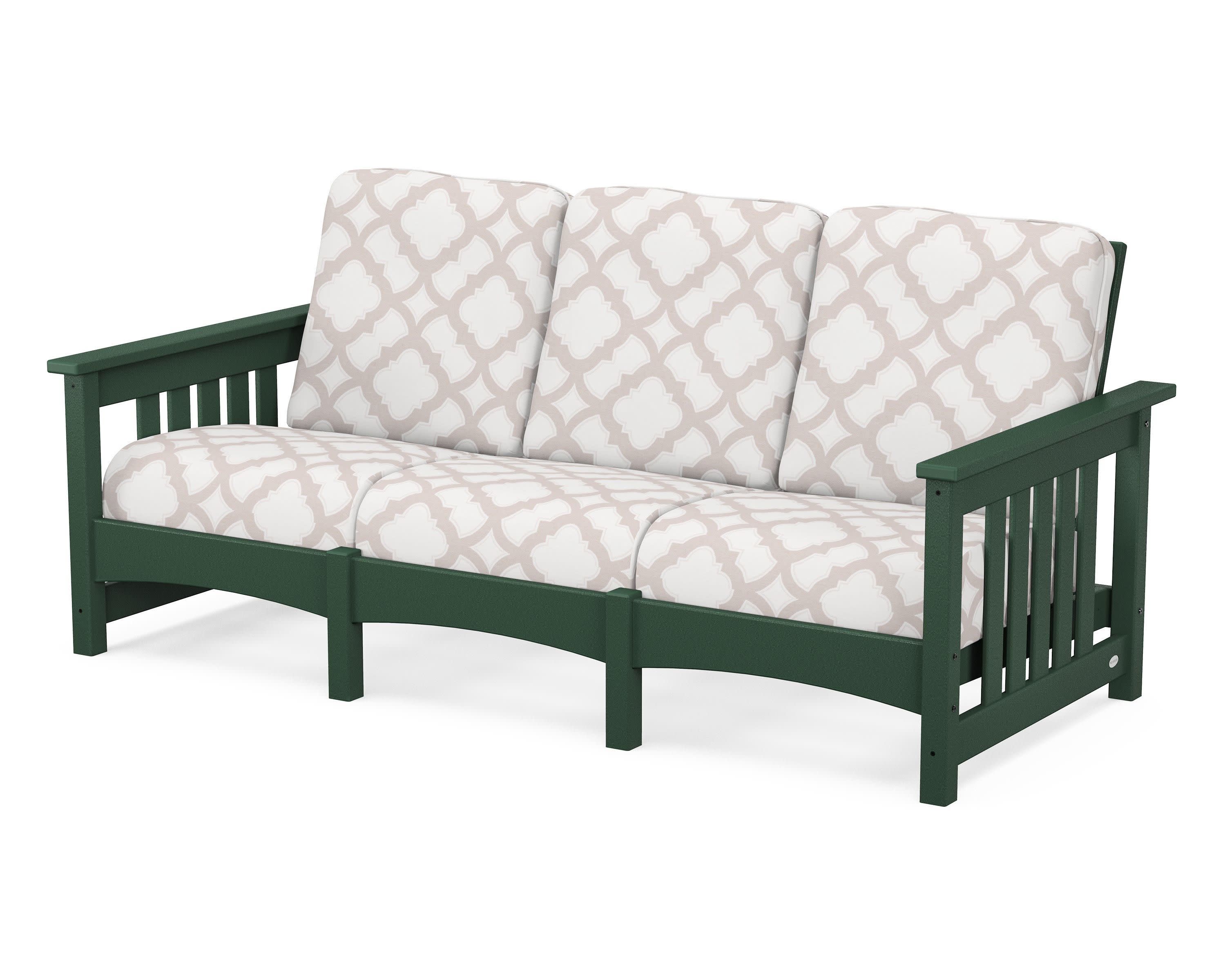 Club Mission Sofa in Green / Trellis Dune Burlap