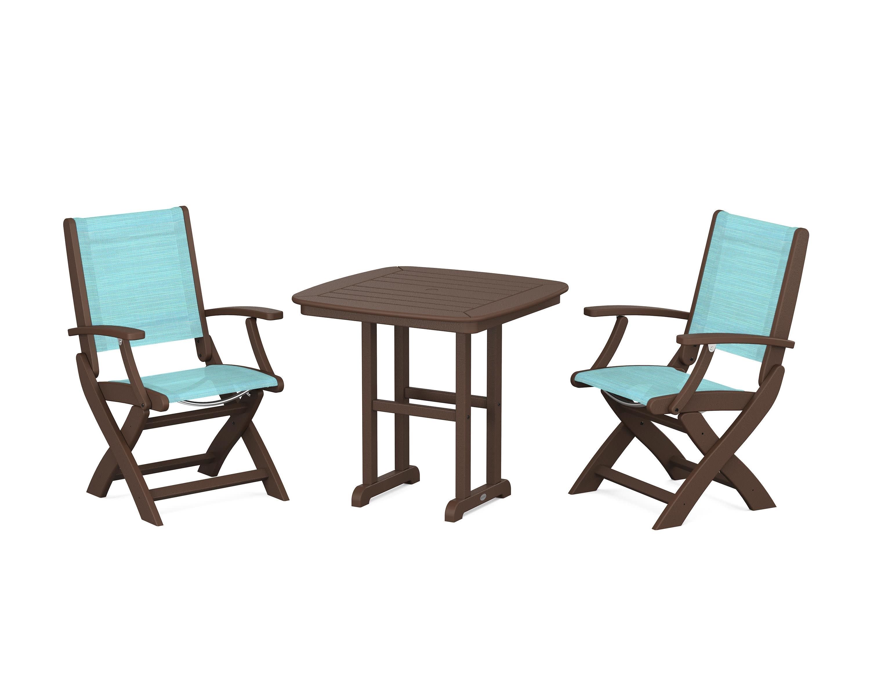 Coastal Folding Chair 3-Piece Dining Set in Mahogany / Dupioni Aquamarine Sling