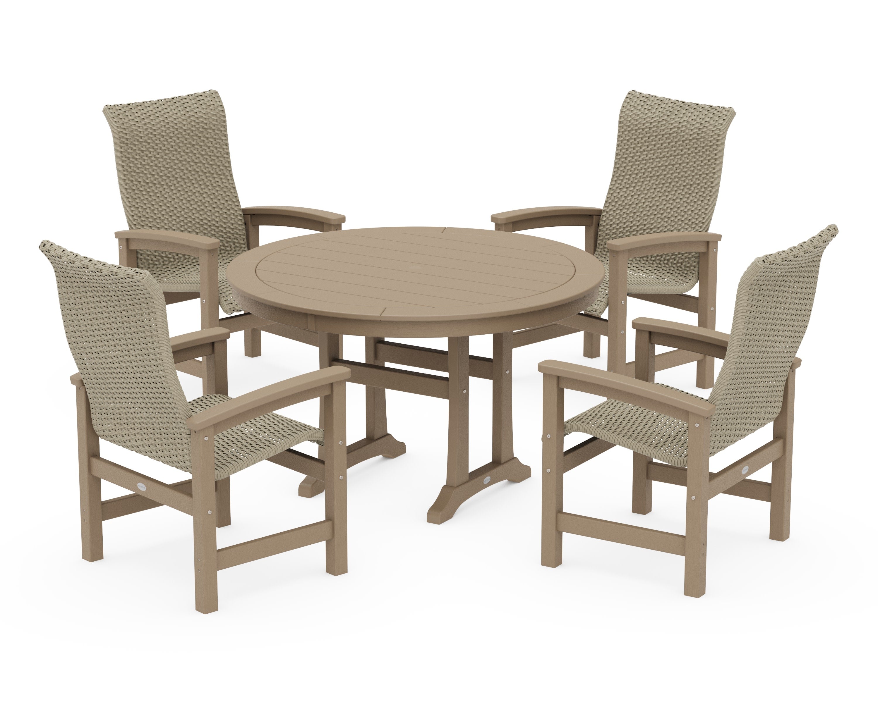 Coastal Woven High-Back 5-Piece Round Dining Set with Trestle Legs in Vintage Sahara / Dune Grass