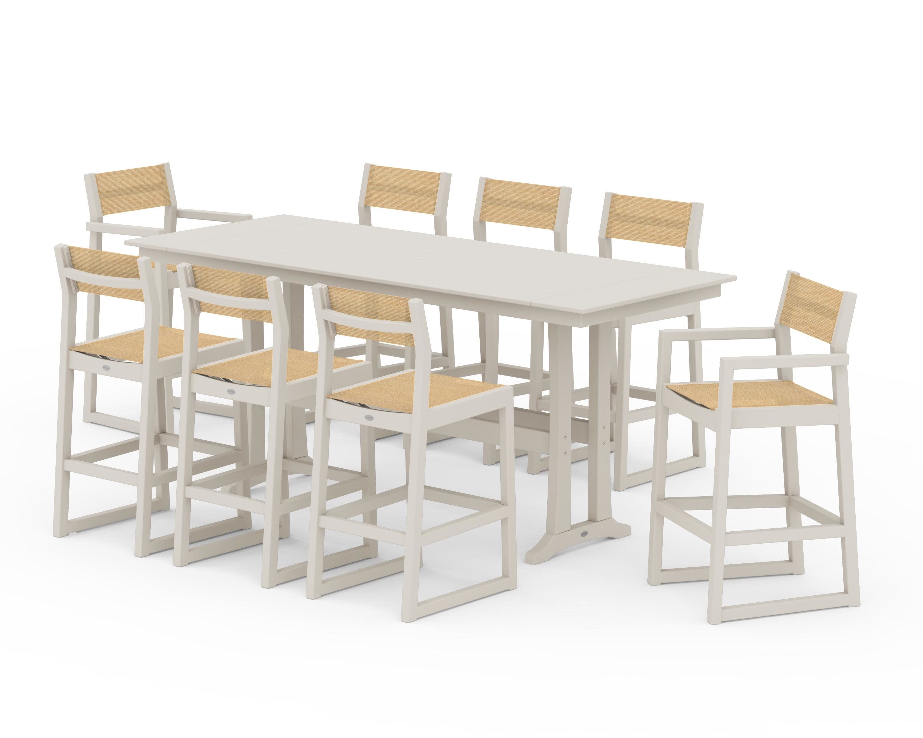EDGE Sling 9-Piece Farmhouse Bar Set with Trestle Legs in Sand / Dupioni Apricot Sling