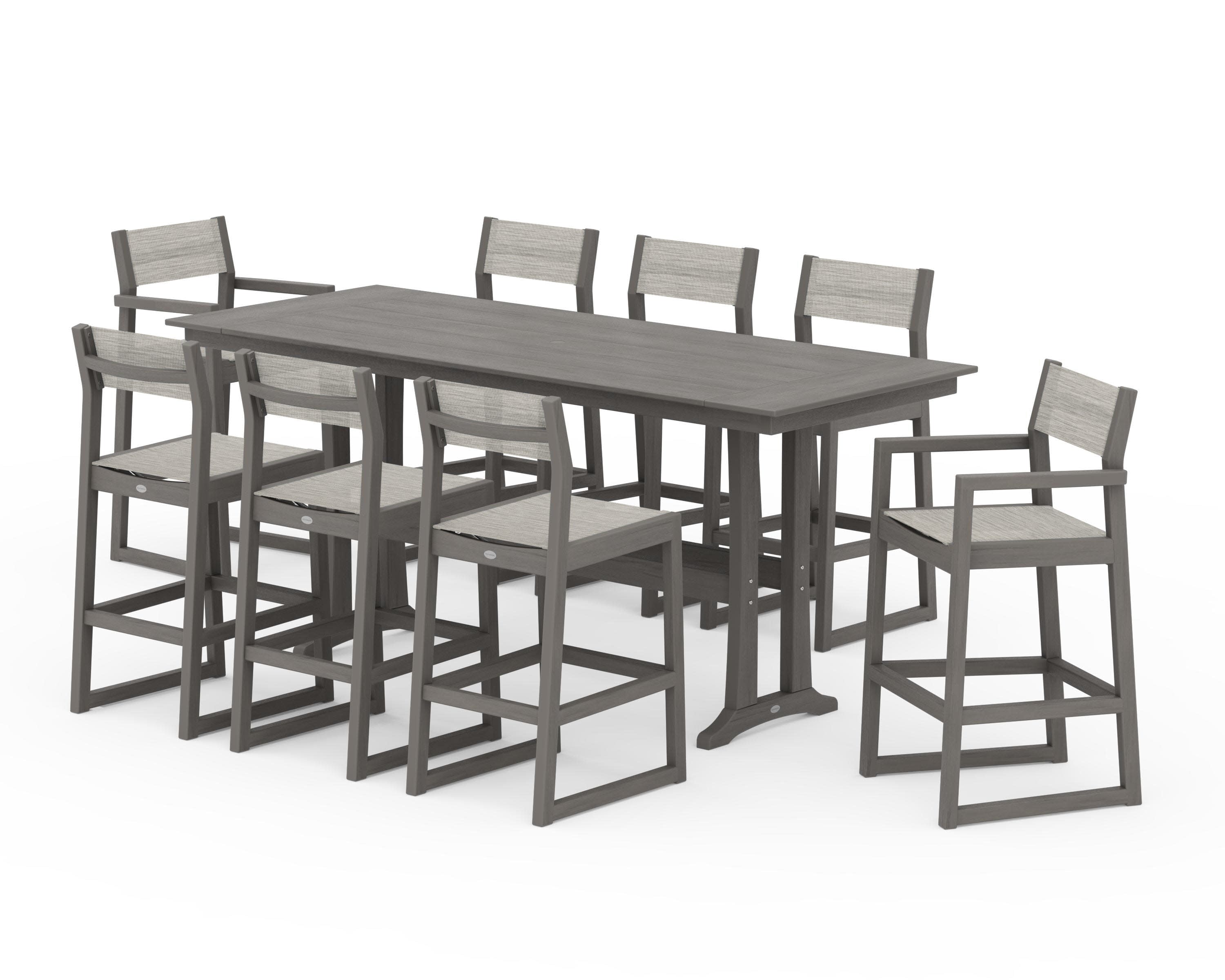 EDGE Sling 9-Piece Farmhouse Bar Set with Trestle Legs in Driftwood / Birch Sling
