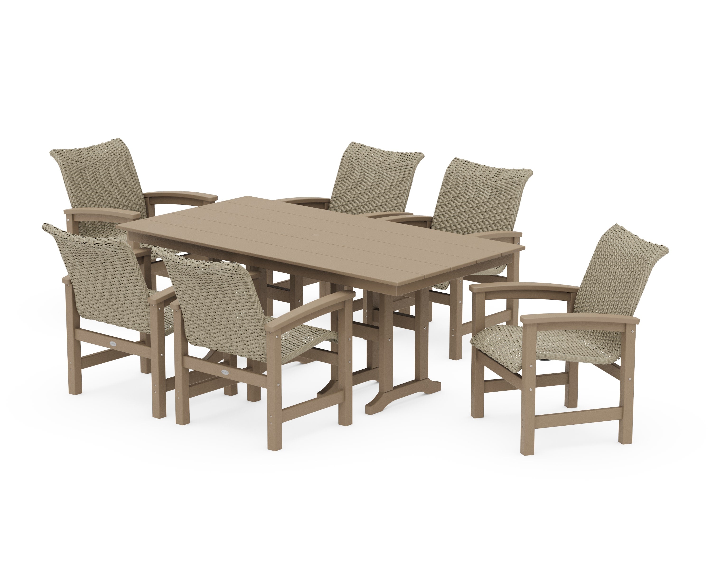 Coastal Woven Arm Chair 7-Piece Farmhouse Dining Set in Vintage Sahara / Dune Grass