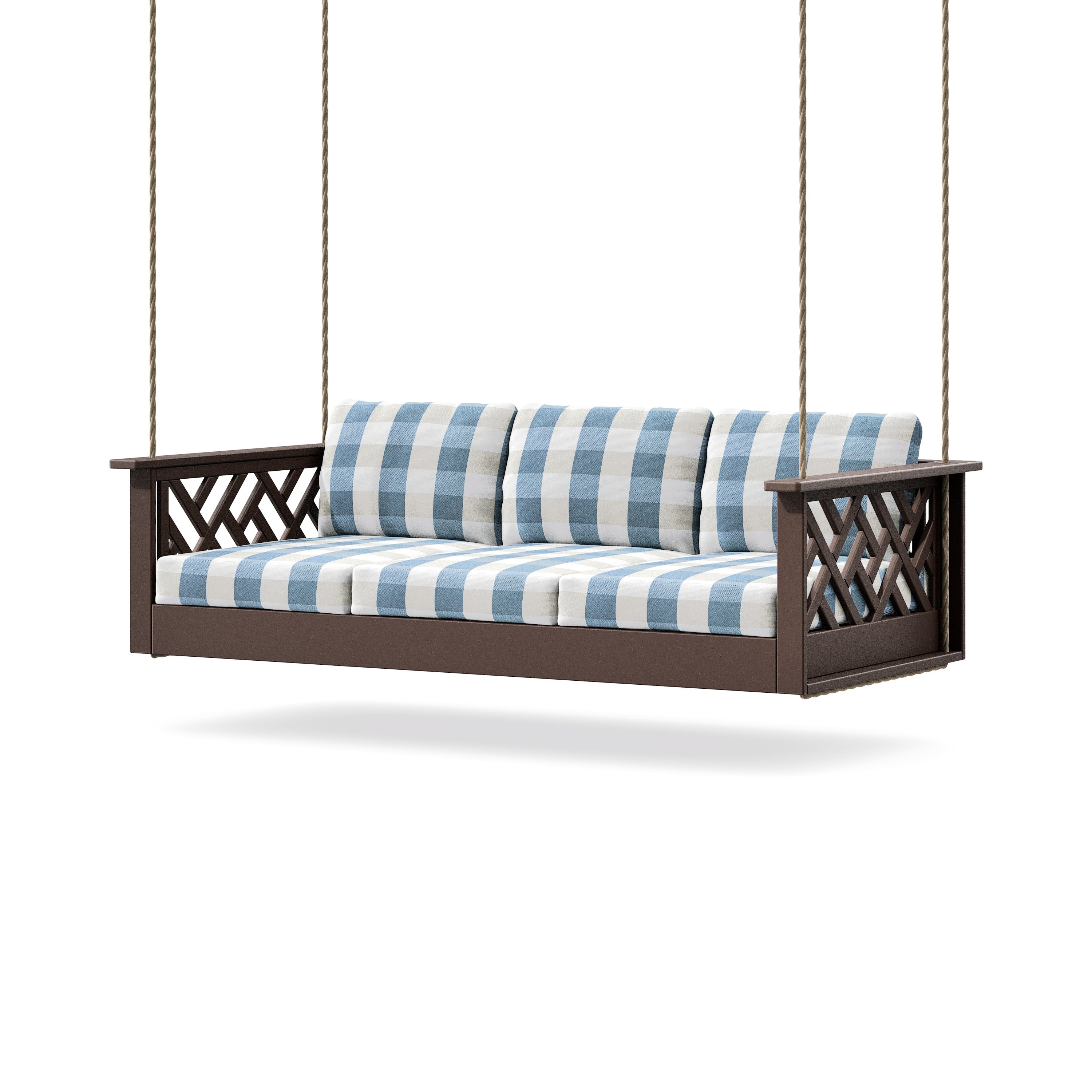 Chippendale Daybed Swing in Mahogany / Buffalo Plaid Sky Blue