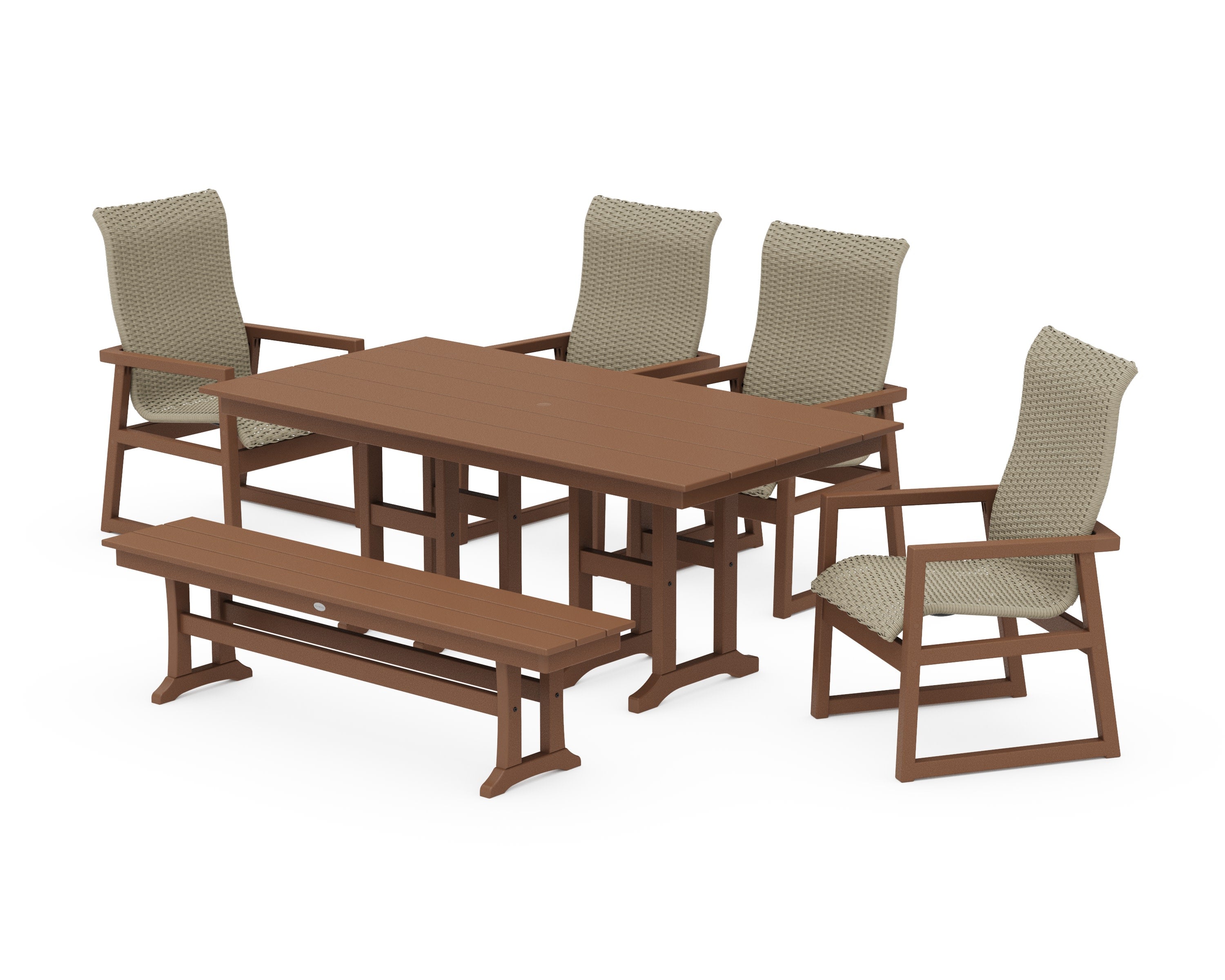 EDGE Woven Highback 6-Piece Farmhouse Dining Set with Bench in Teak / Dune Grass