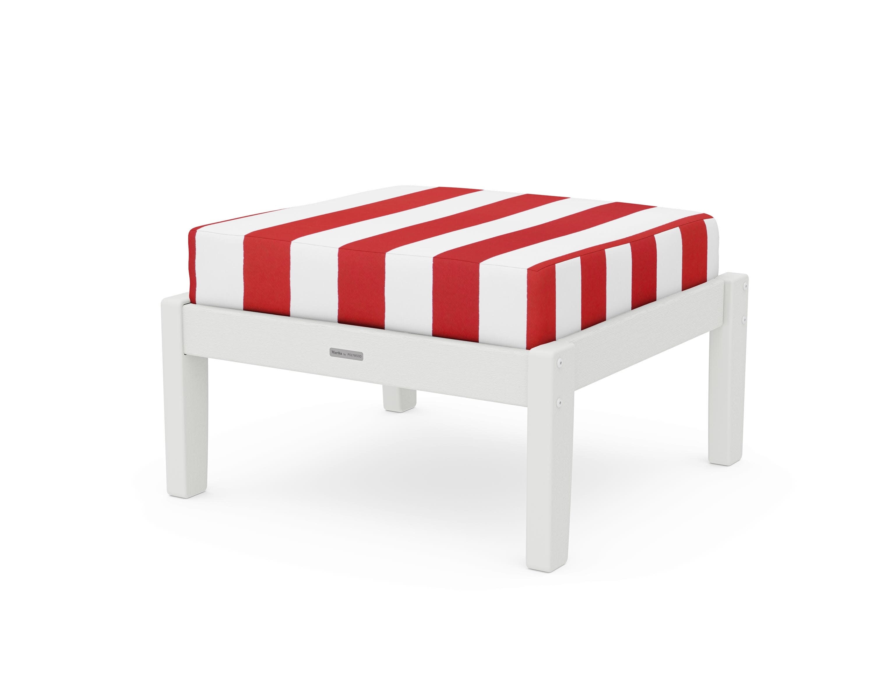 Chinoiserie Deep Seating Ottoman in Vintage White / Cabana Stripe Crimson