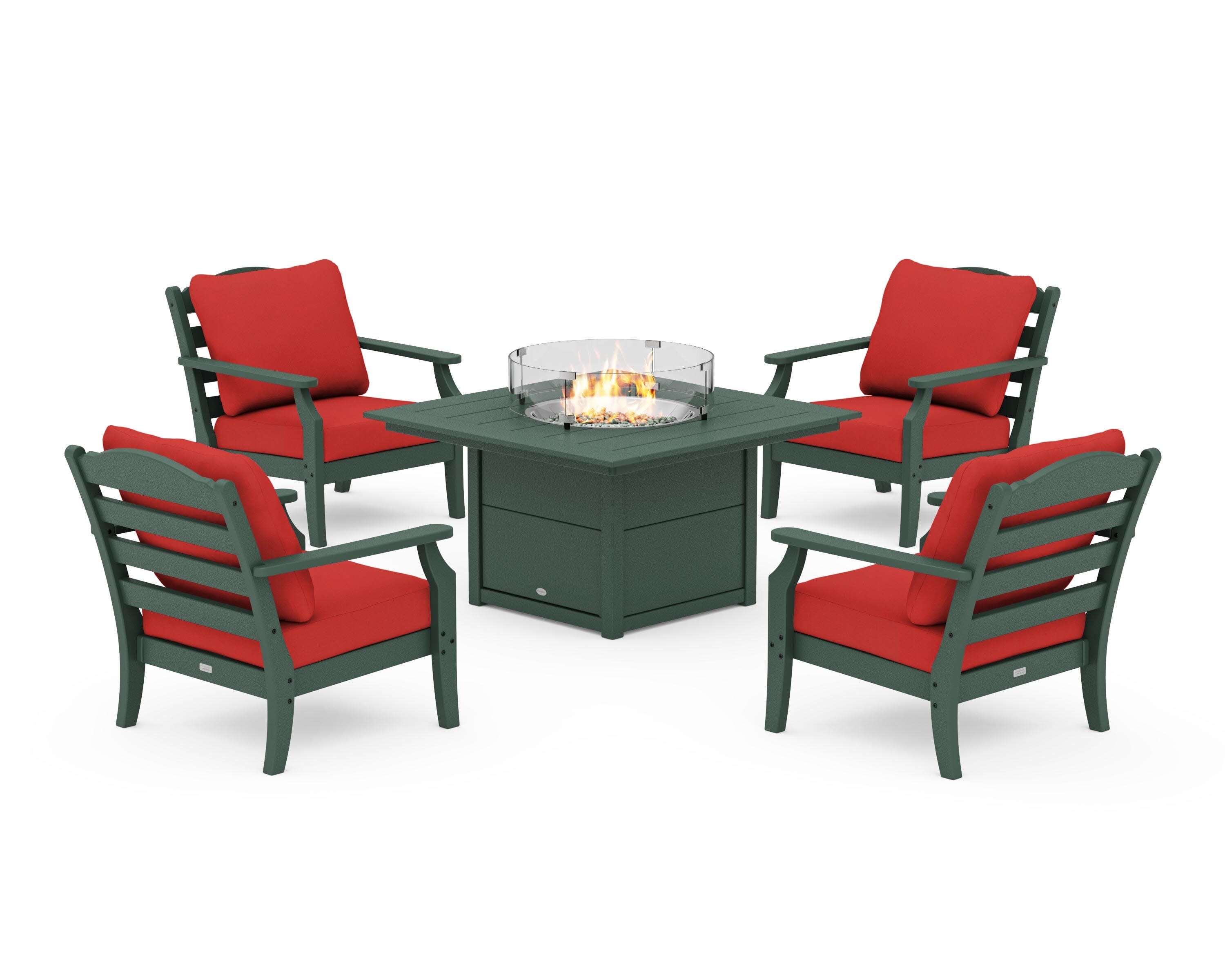 Savannah 5-Piece Deep Seating Set with Fire Pit Table in Green / Crimson Linen