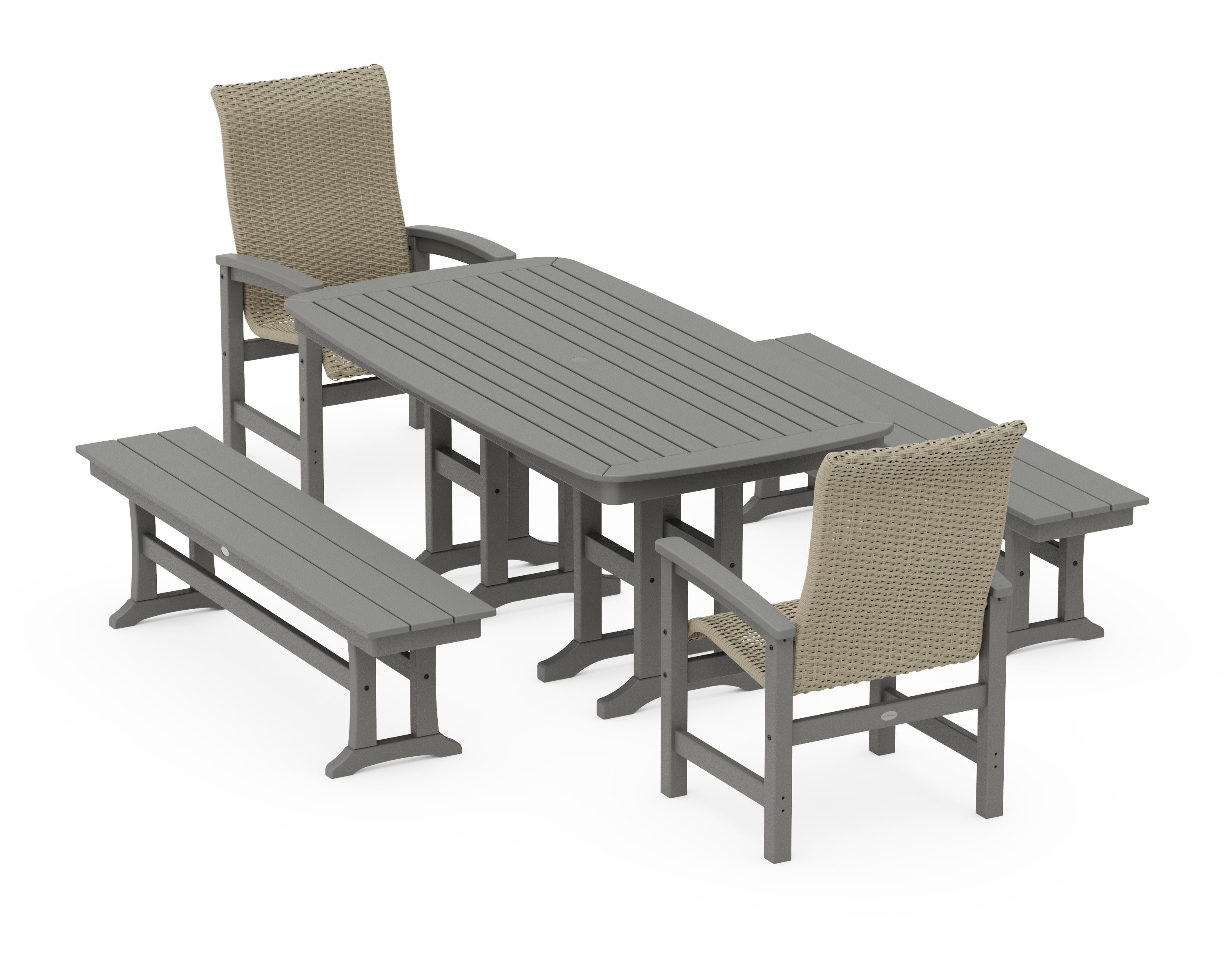 Coastal Woven High-Back 5-Piece Dining Set with Benches in Slate Grey / Dune Grass