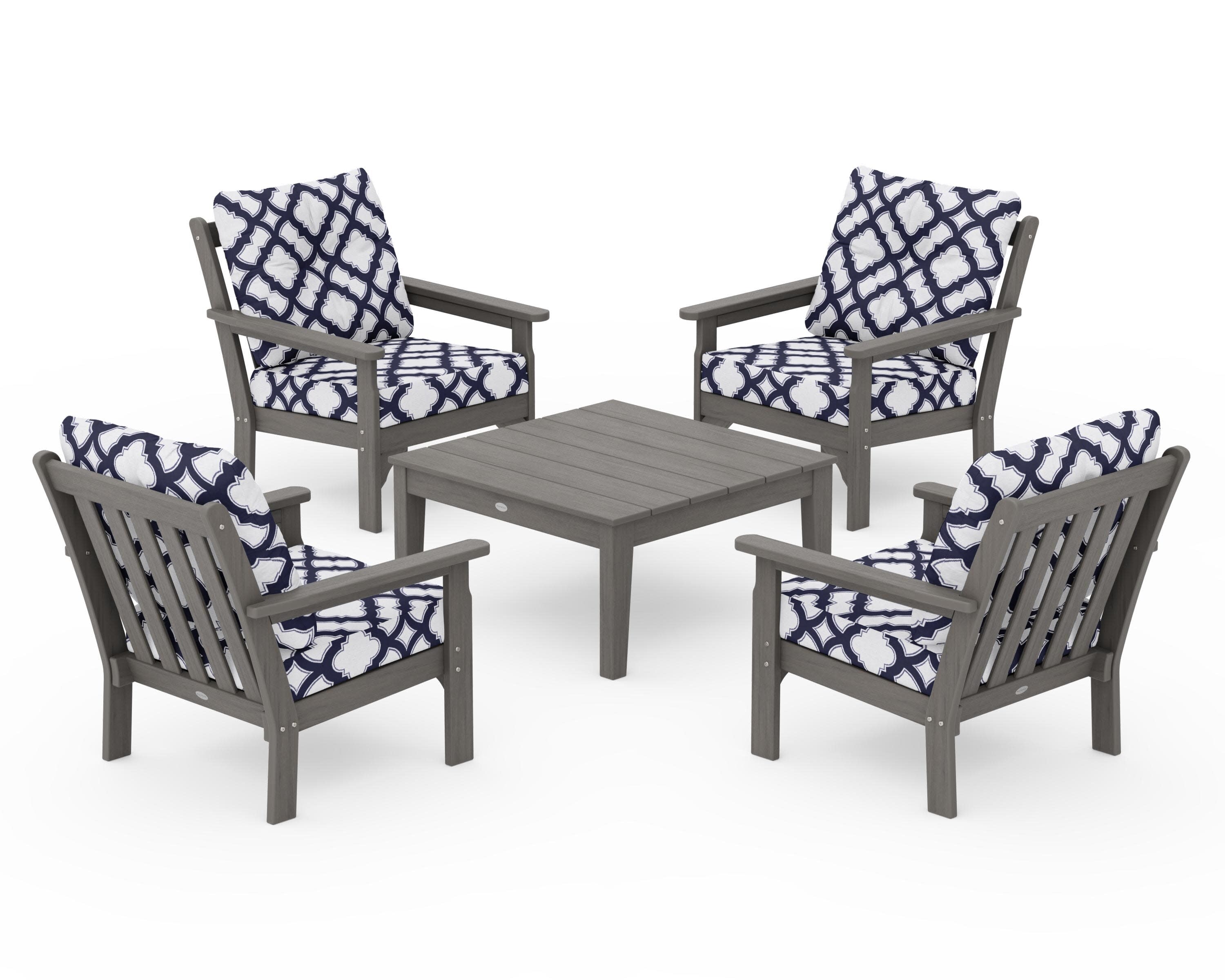Vineyard 5-Piece Deep Seating Conversation Set in Driftwood / Trellis Navy