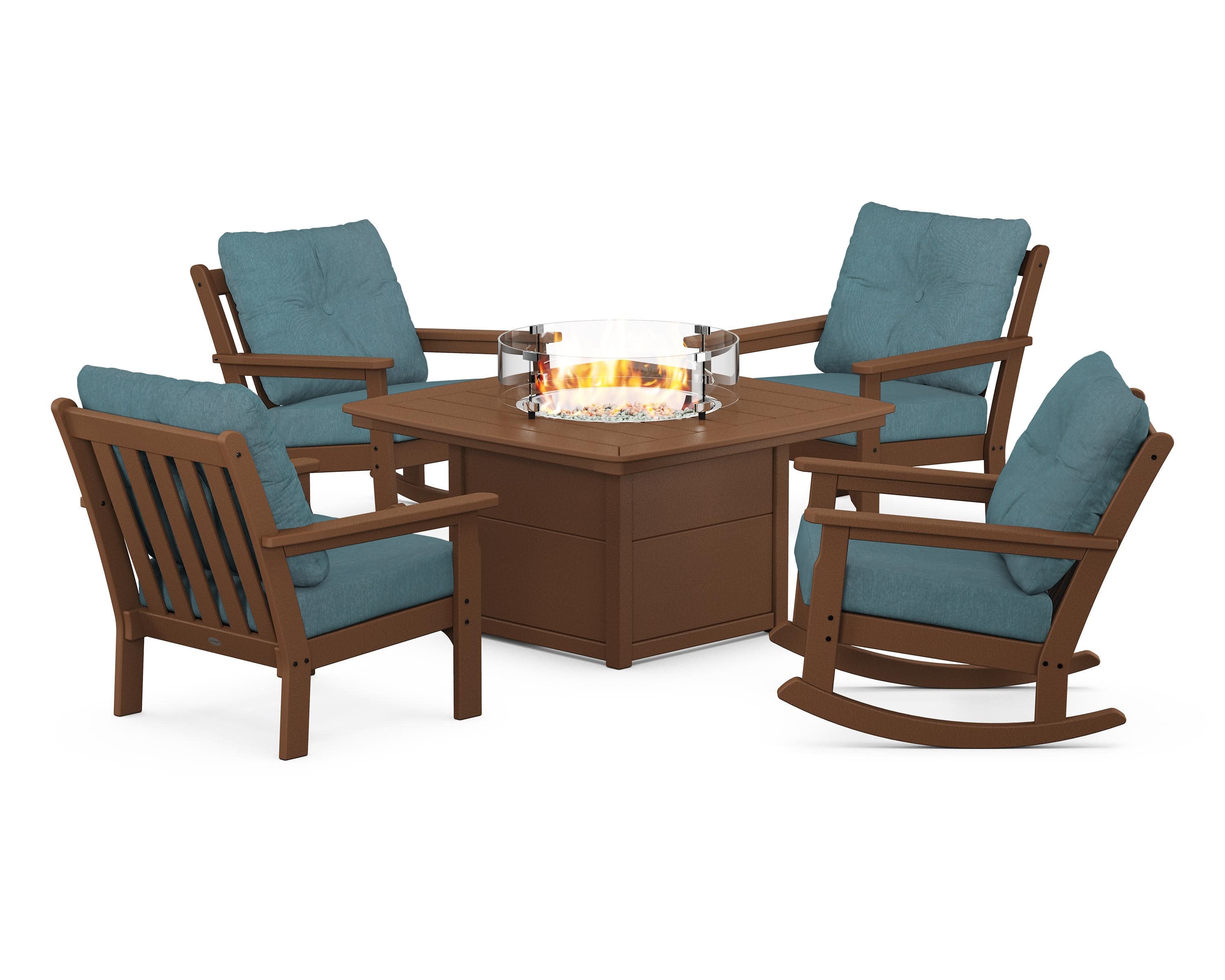 Vineyard 5-Piece Deep Seating Rocking Chair Conversation Set with Fire Pit Table in Teak / Ocean Teal