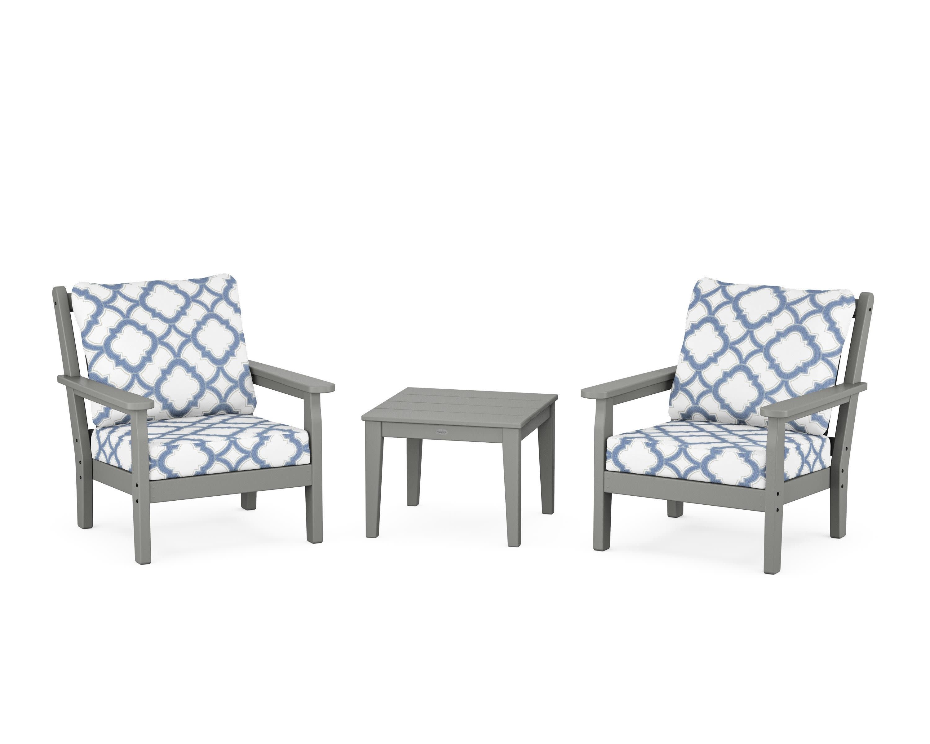 Chippendale 3-Piece Deep Seating Set in Slate Grey / Trellis Sky Blue