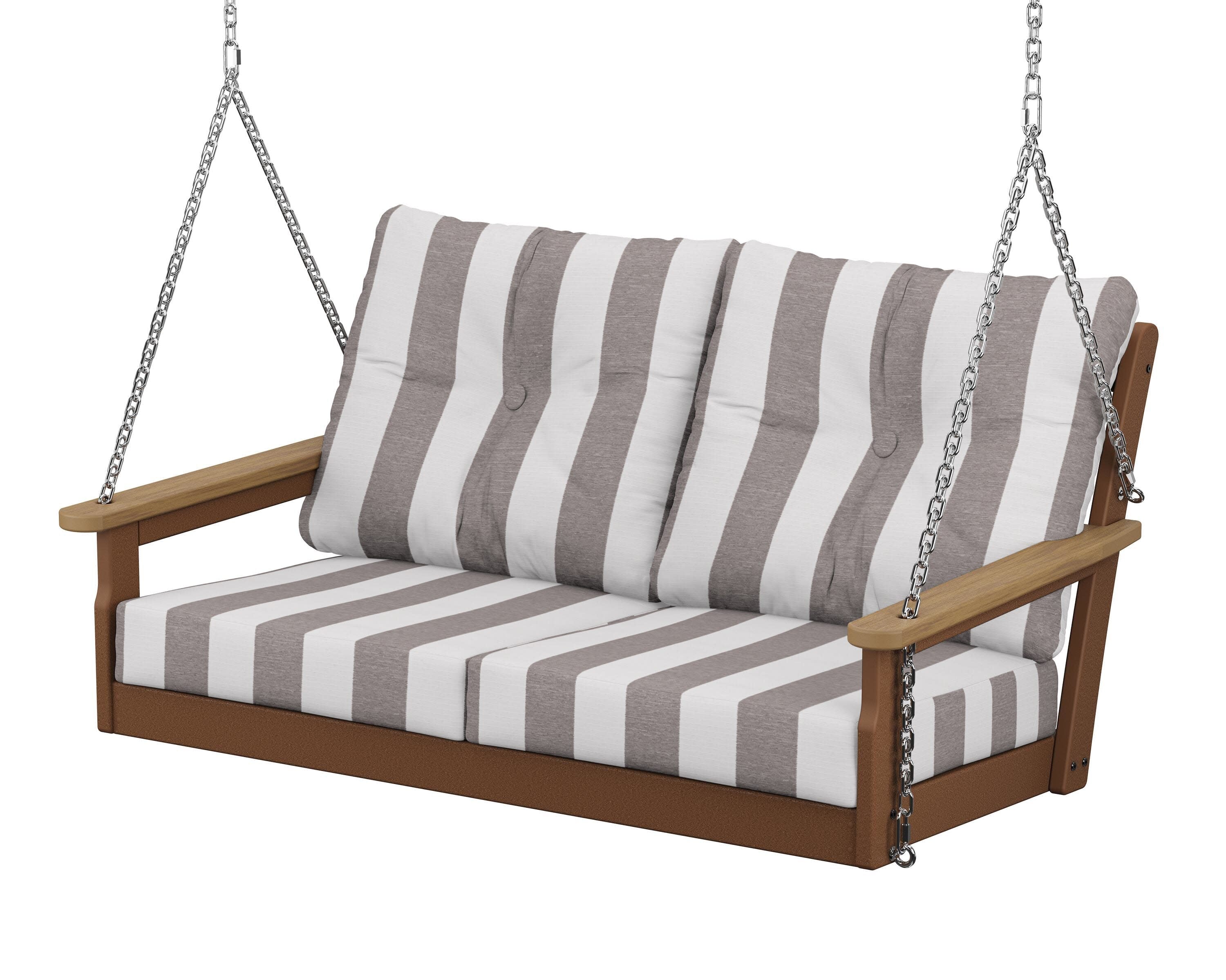 Vineyard Deep Seating Swing in Teak / Natural / Cabana Stripe Grey Mist