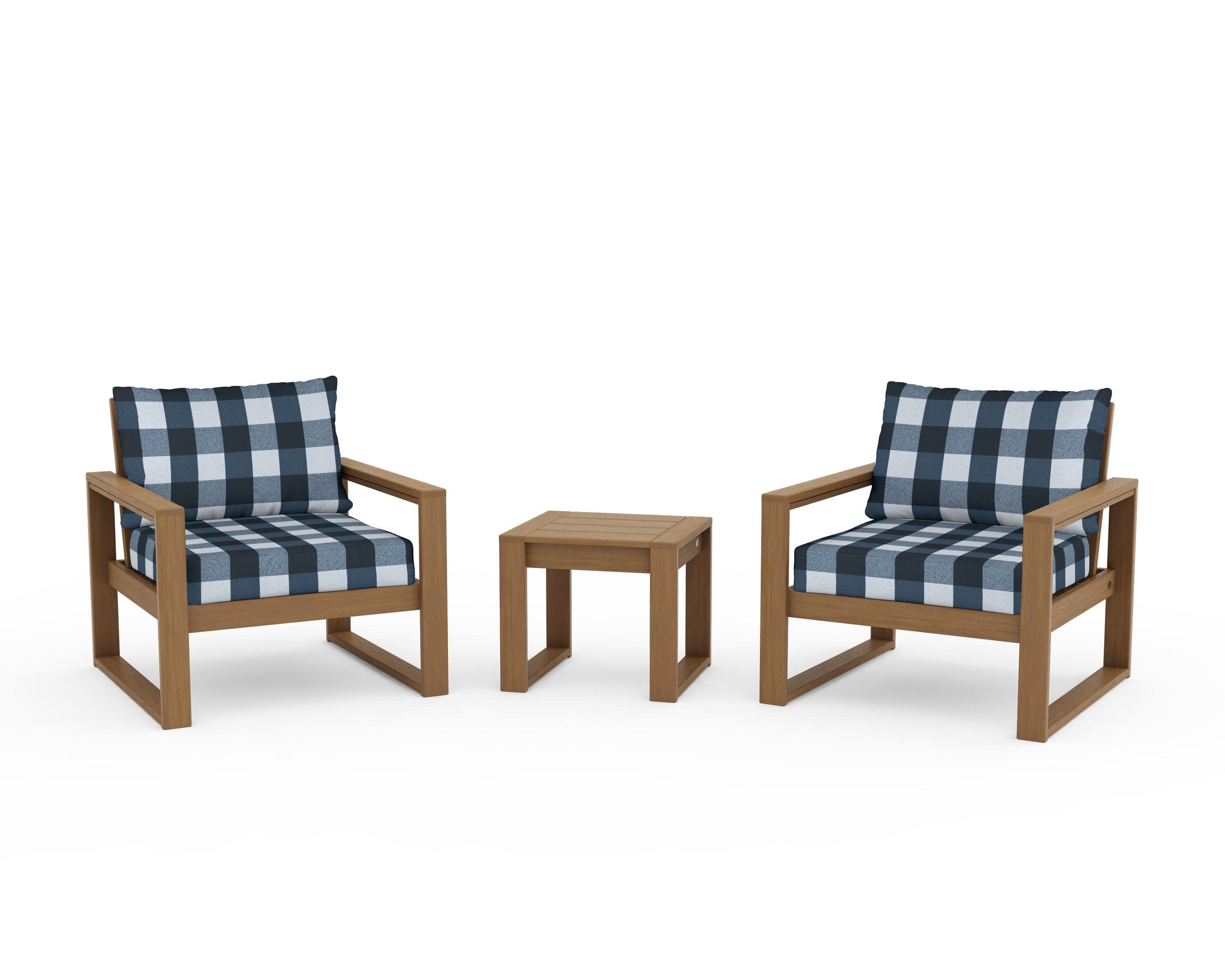 EDGE Sectional 3-Piece Deep Seating Set in Natural / Buffalo Plaid Marine Indigo