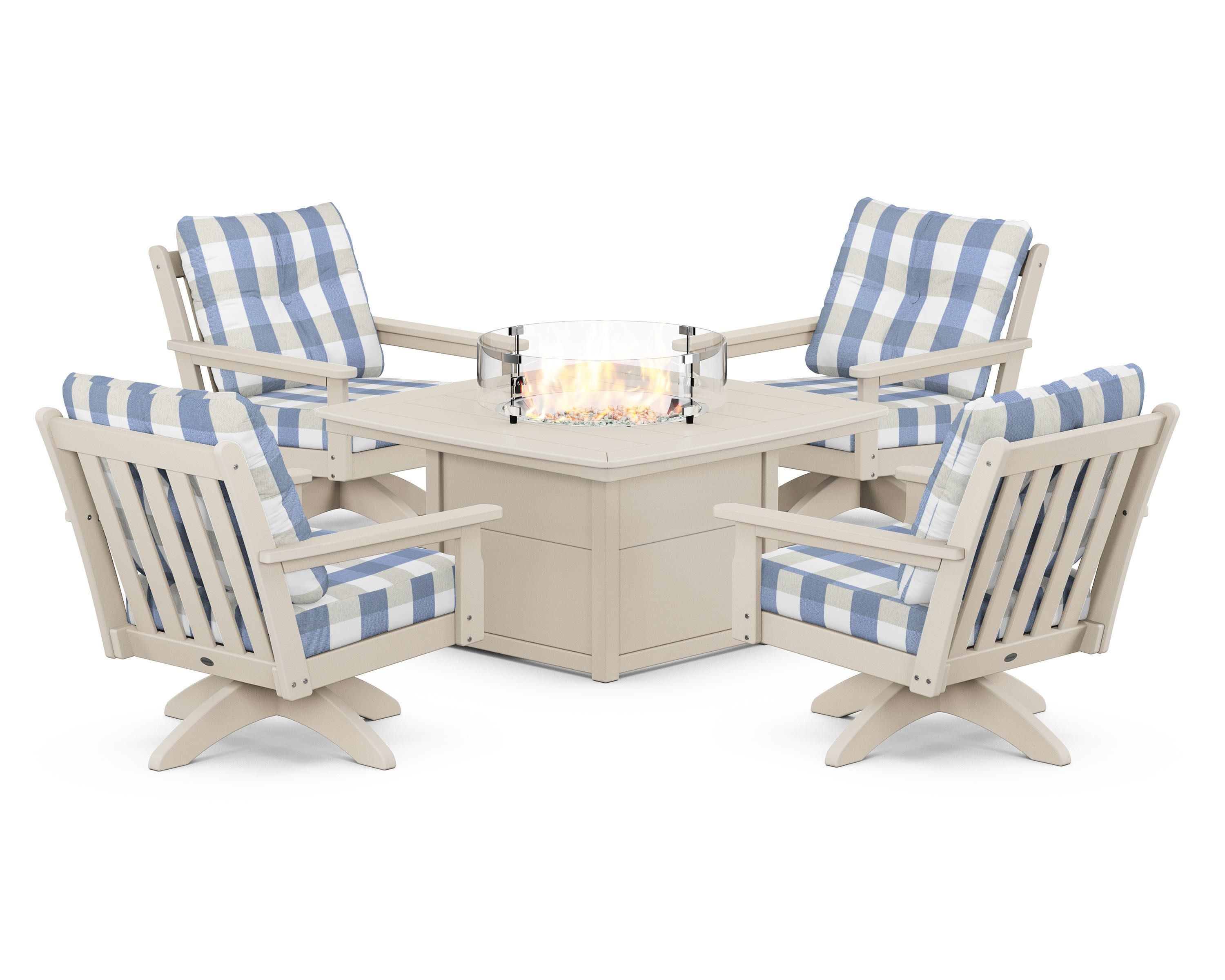 Vineyard 5-Piece Deep Seating Swivel Conversation Set with Fire Pit Table in Sand / Buffalo Plaid Sky Blue