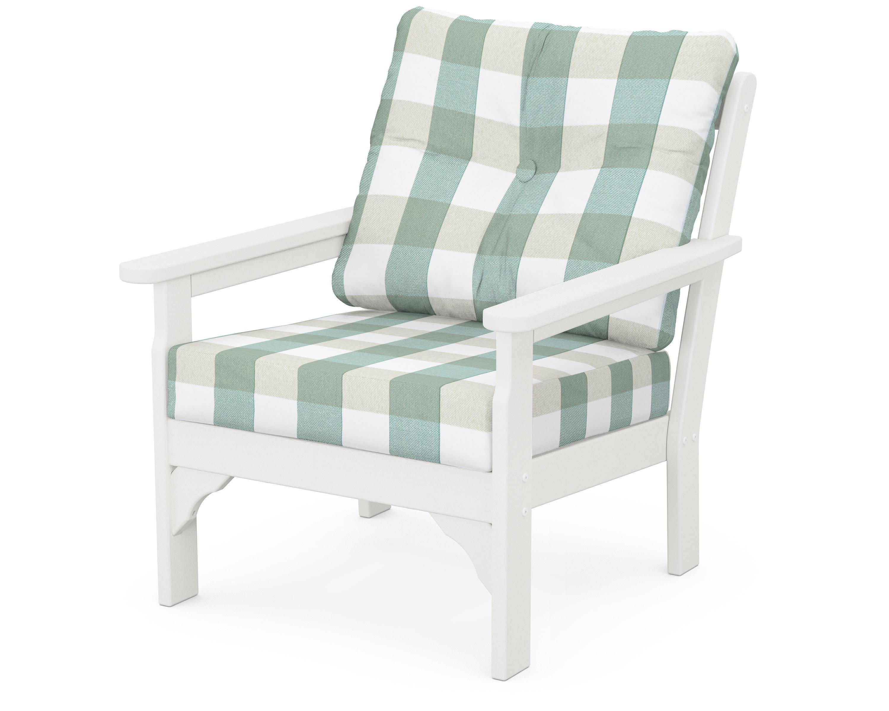 Vineyard Deep Seating Chair in Vintage White / Buffalo Plaid Glacier Spa