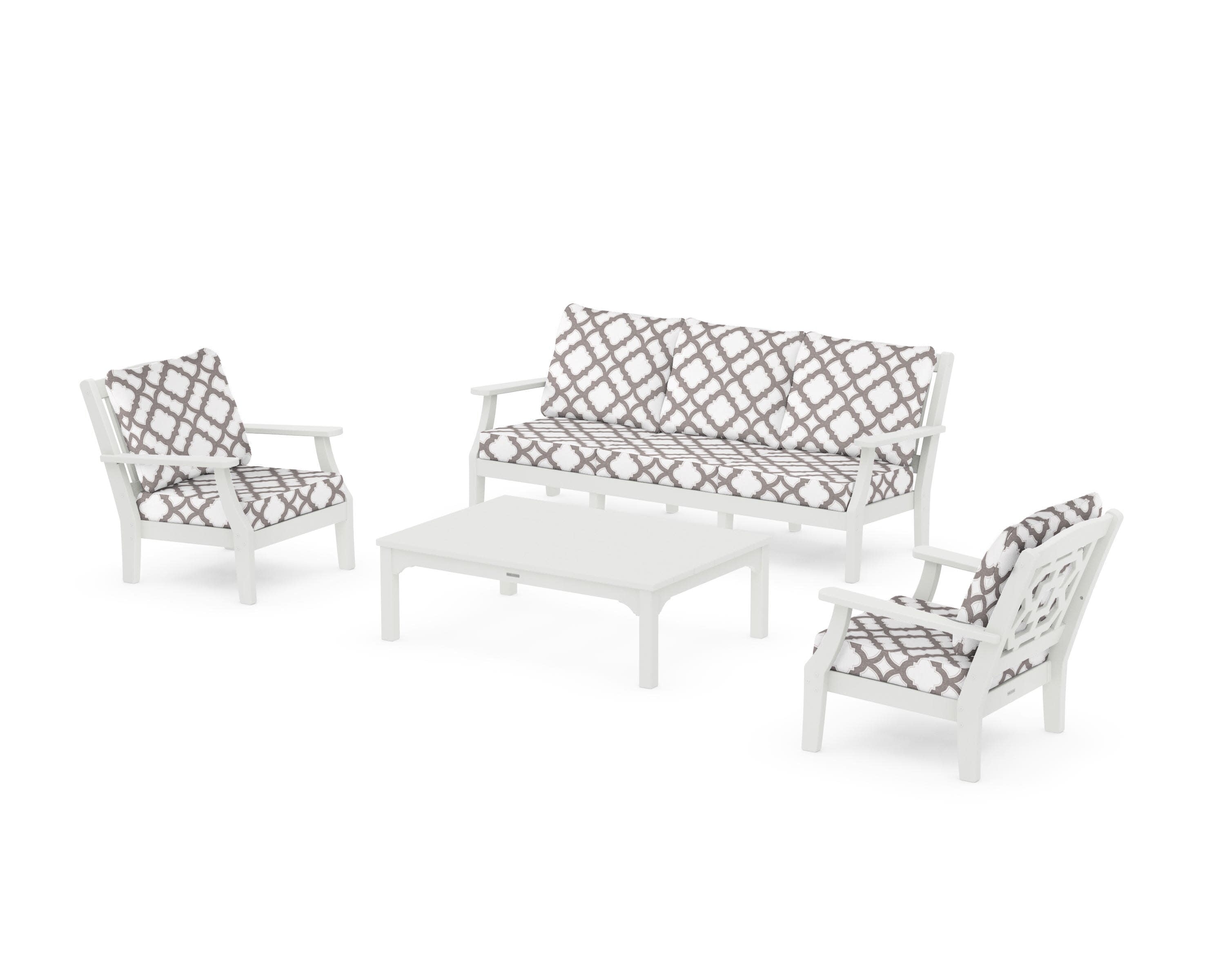 Chinoiserie 4-Piece Deep Seating Set with Sofa in Vintage White / Trellis Grey Mist