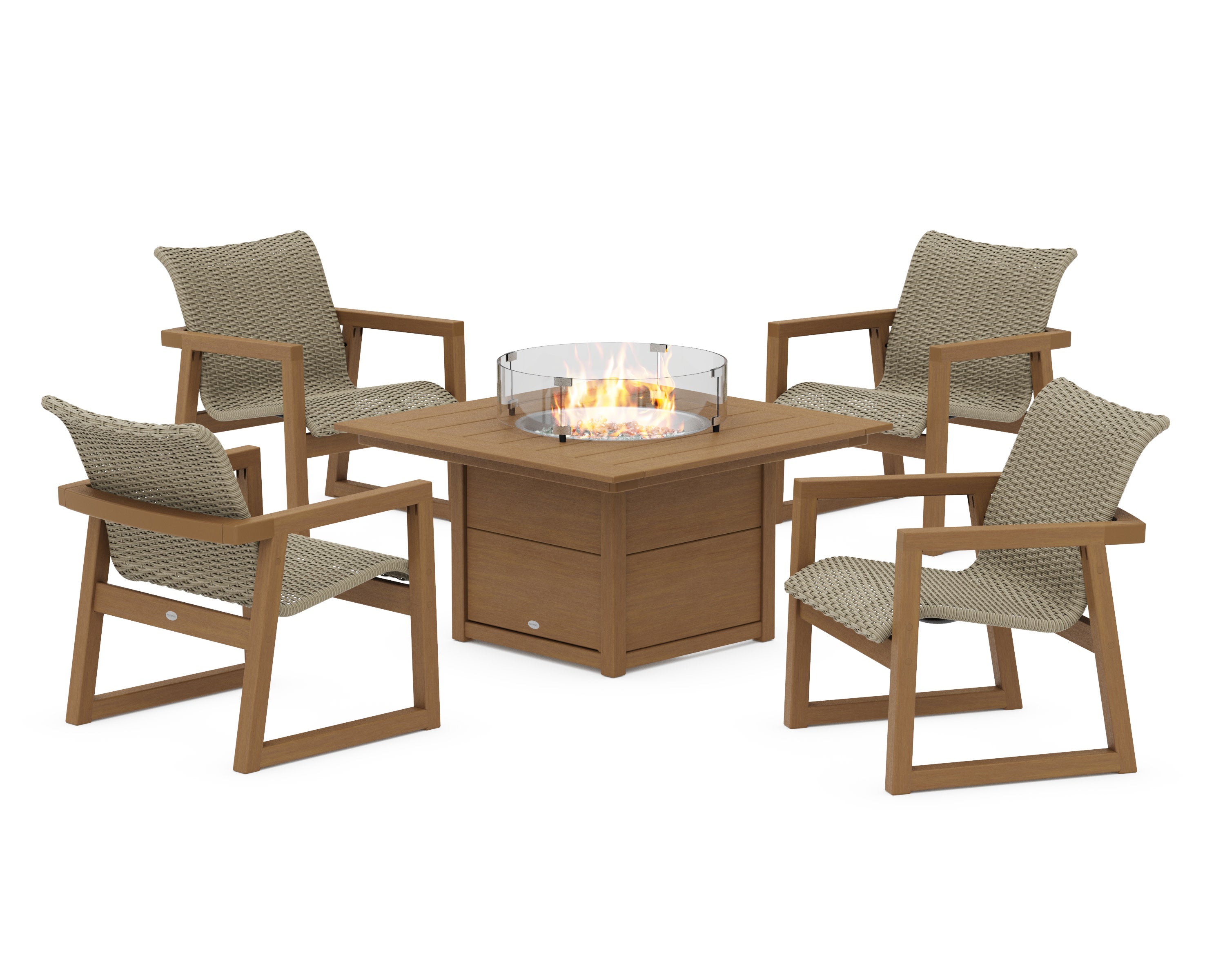 EDGE Woven 5-Piece Lounge Chair Seating Set with Fire Pit Table in Natural / Dune Grass
