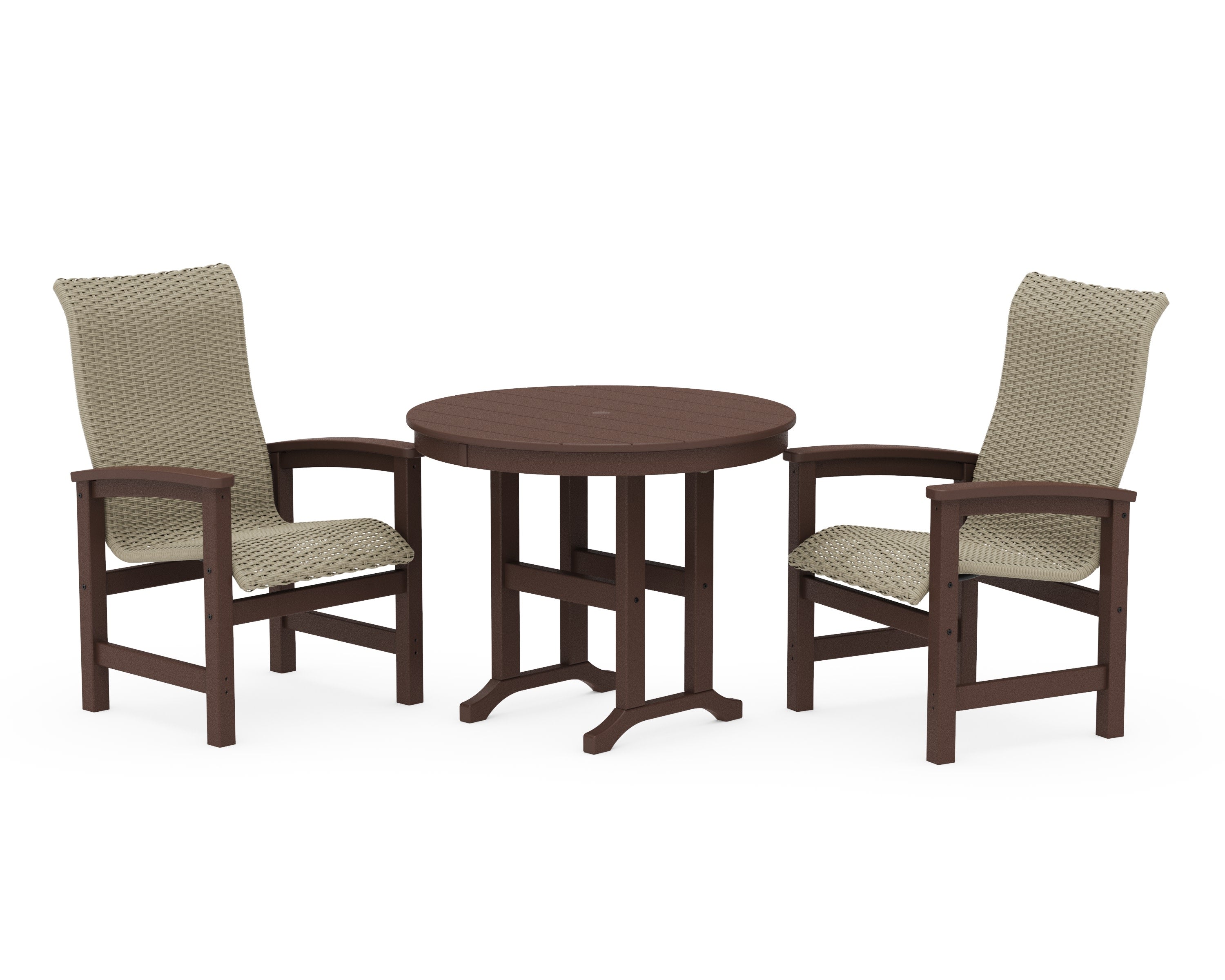 Coastal Woven High-Back 3-Piece Farmhouse Dining Set in Mahogany / Dune Grass