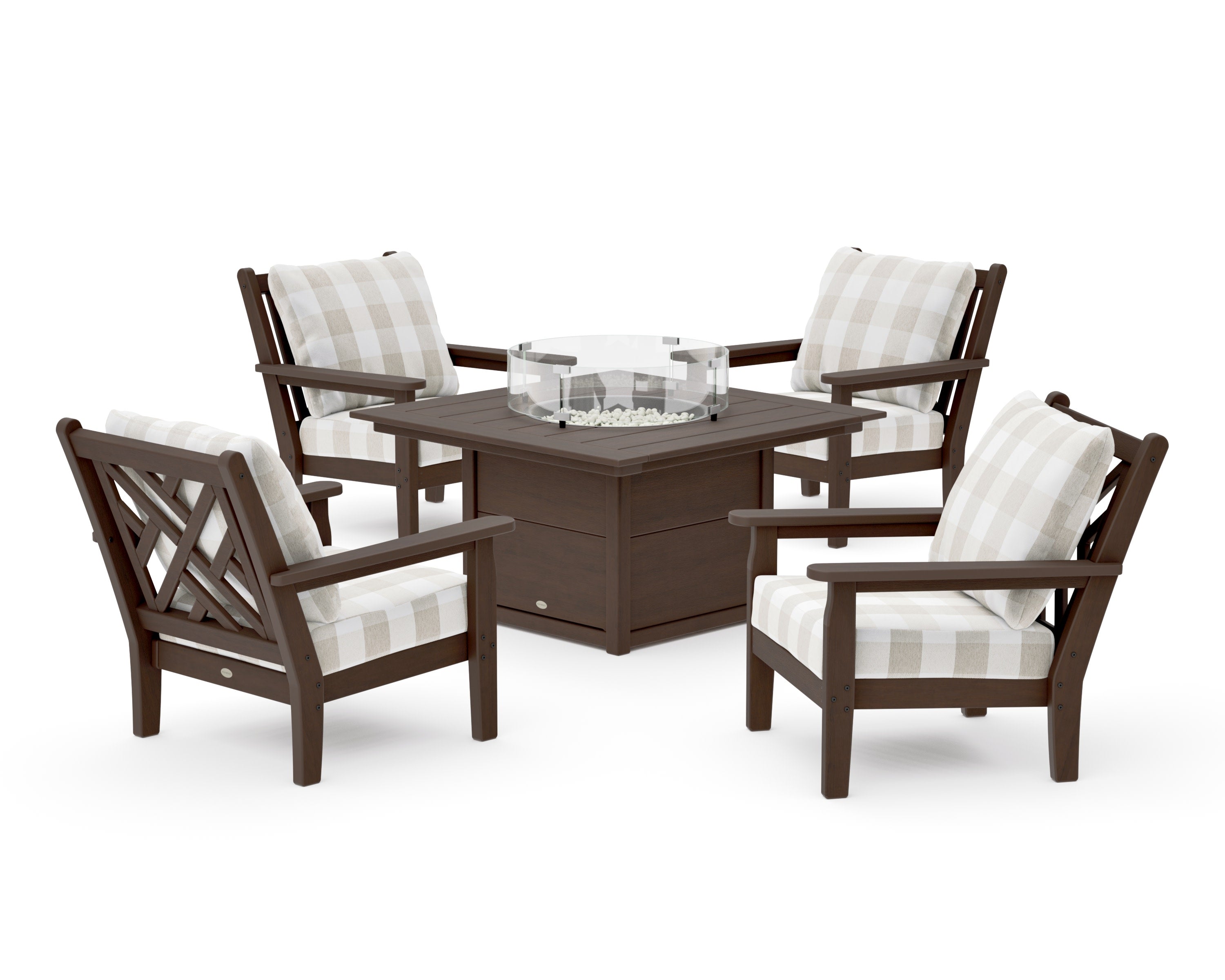 Chippendale 5-Piece Deep Seating Set with Fire Pit Table in Kona / Buffalo Plaid Dune Burlap