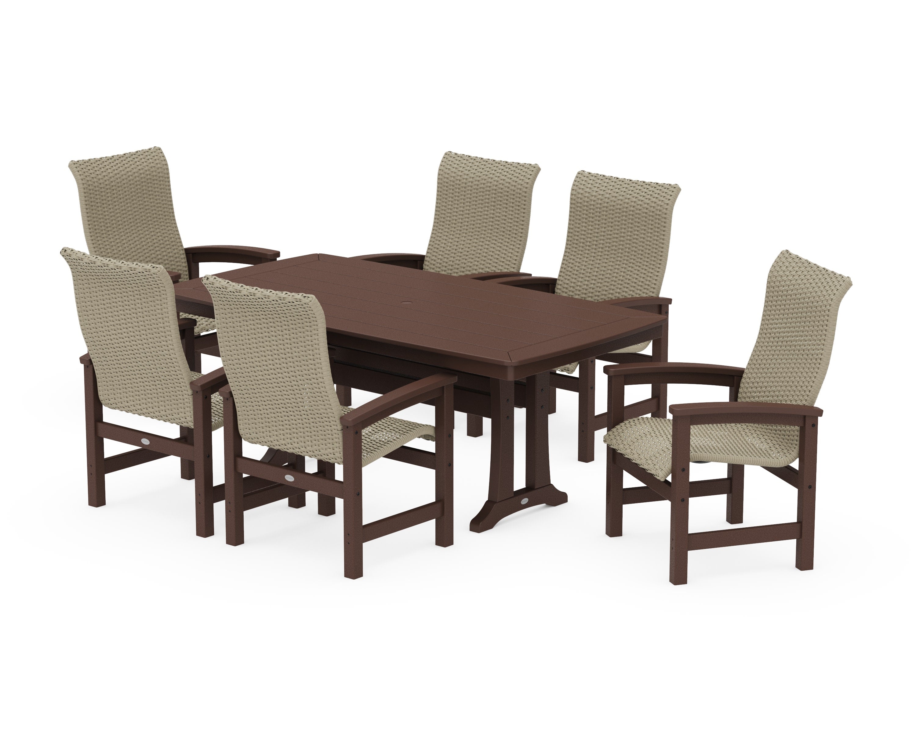 Coastal Woven High-Back Arm Chair 7-Piece Dining Set with Trestle Legs in Mahogany / Dune Grass