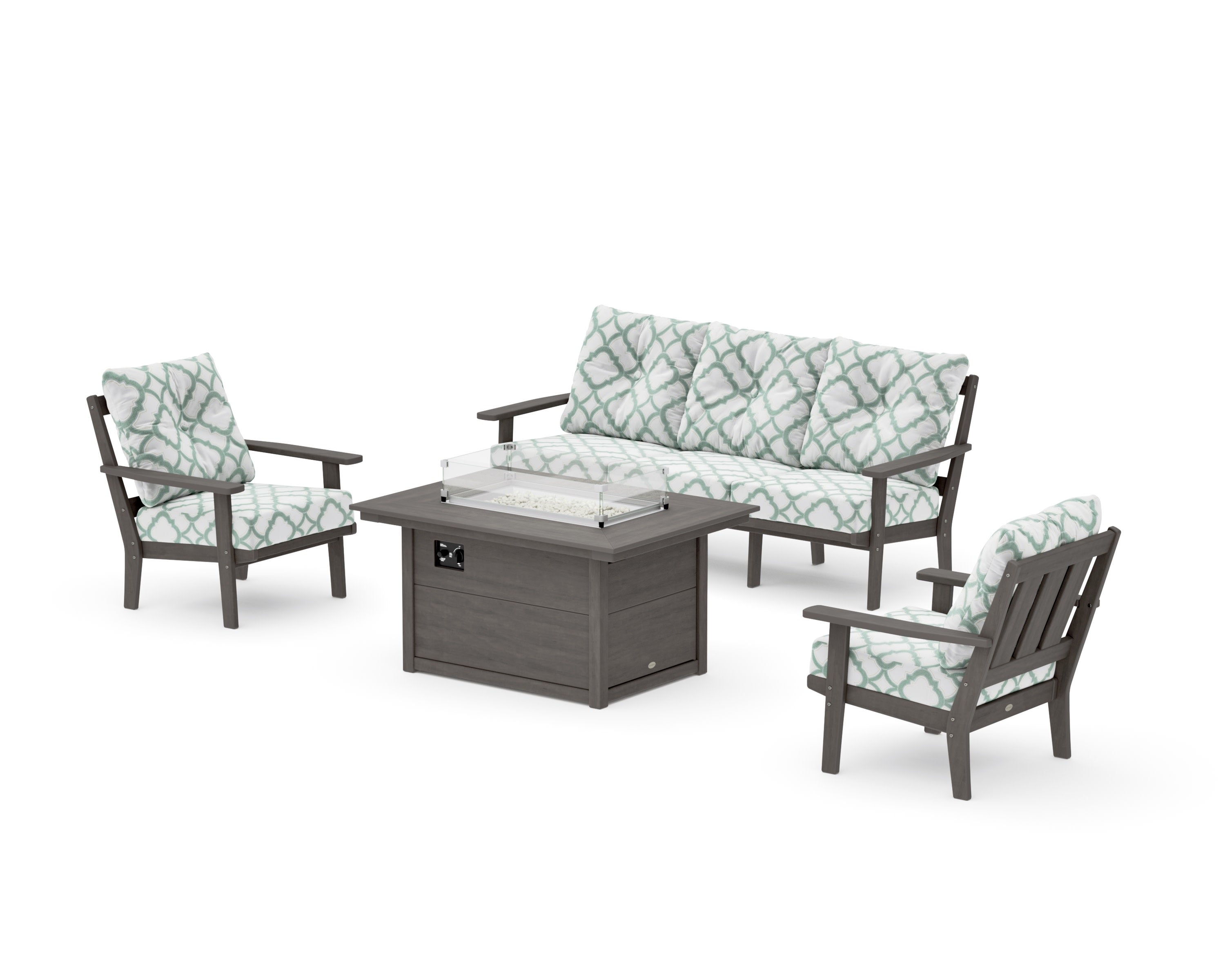 Oxford Deep Seating Fire Pit Table Set in Driftwood / Trellis Glacier Spa