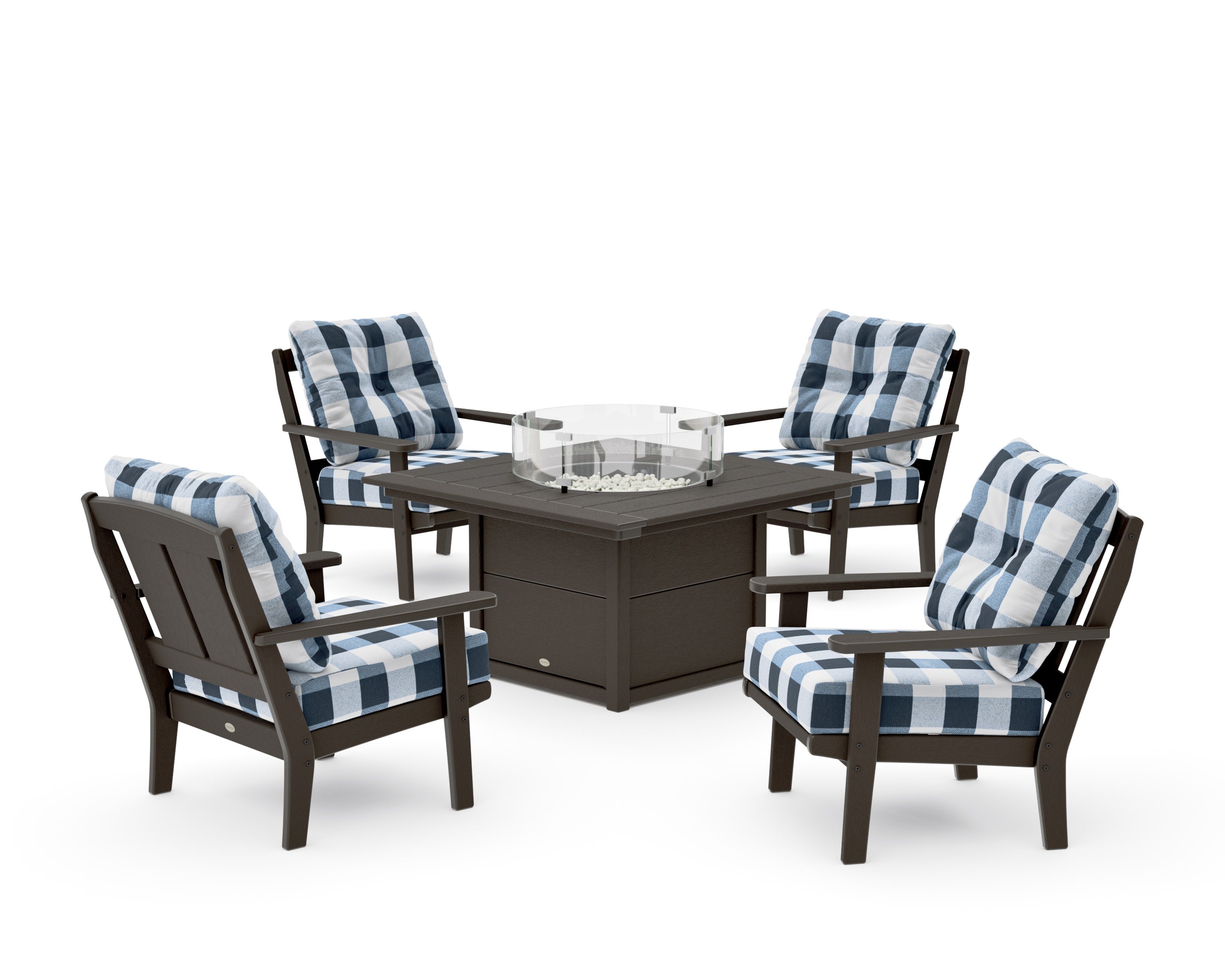 Mission 5-Piece Deep Seating Set with Fire Pit Table in Vintage Coffee / Buffalo Plaid Marine Indigo