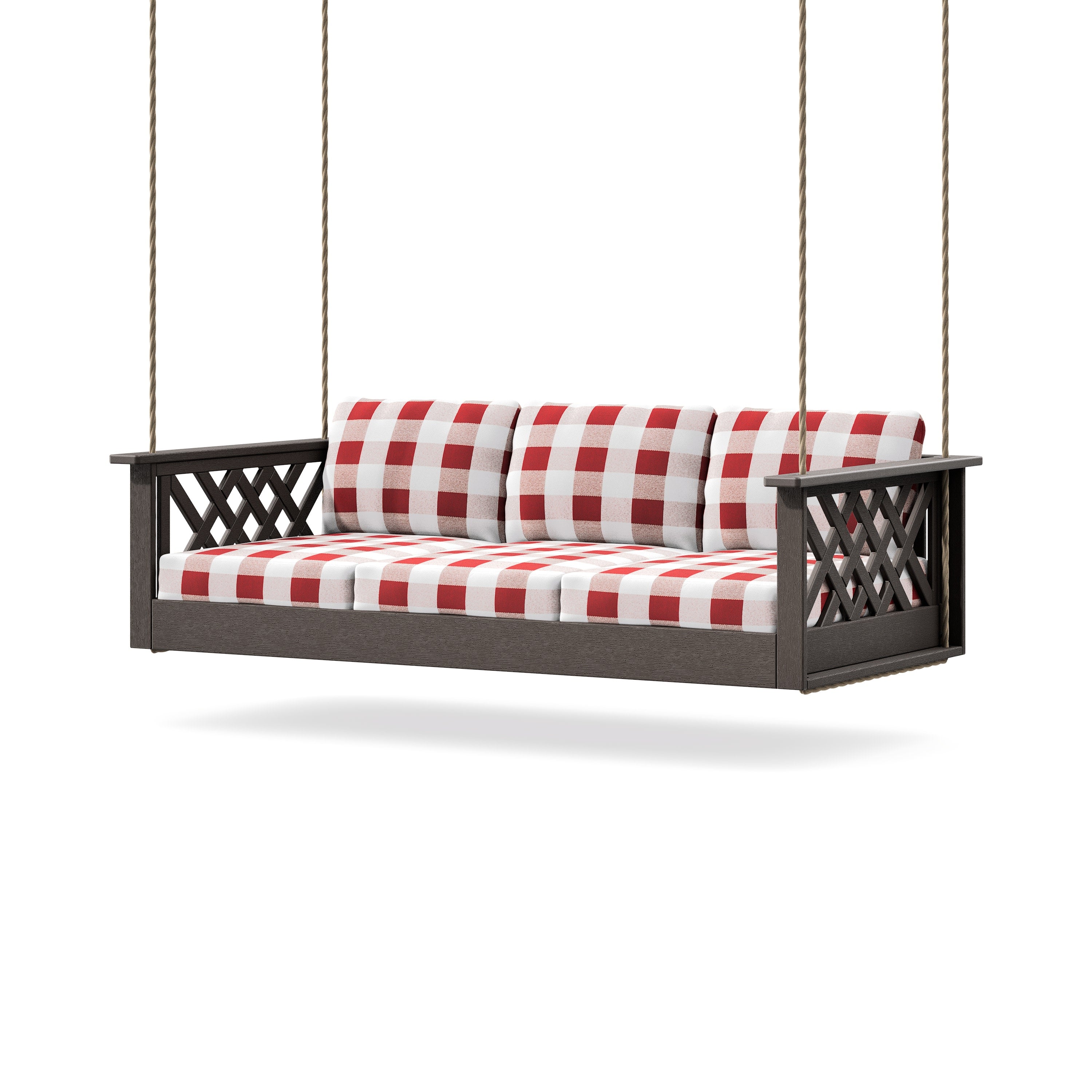 Wovendale Daybed Swing in Vintage Coffee / Buffalo Plaid Crimson