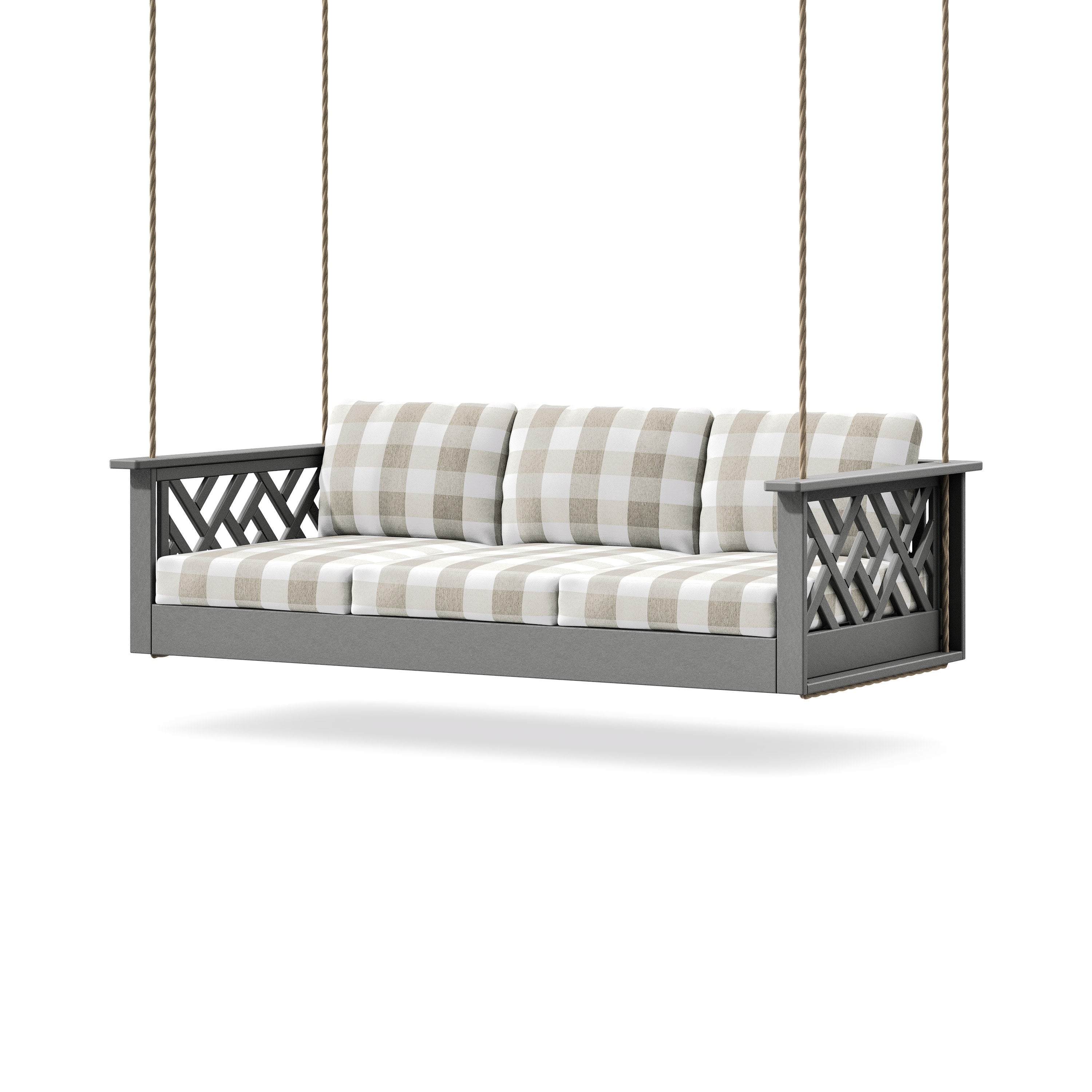 Chippendale Daybed Swing in Slate Grey / Buffalo Plaid Dune Burlap