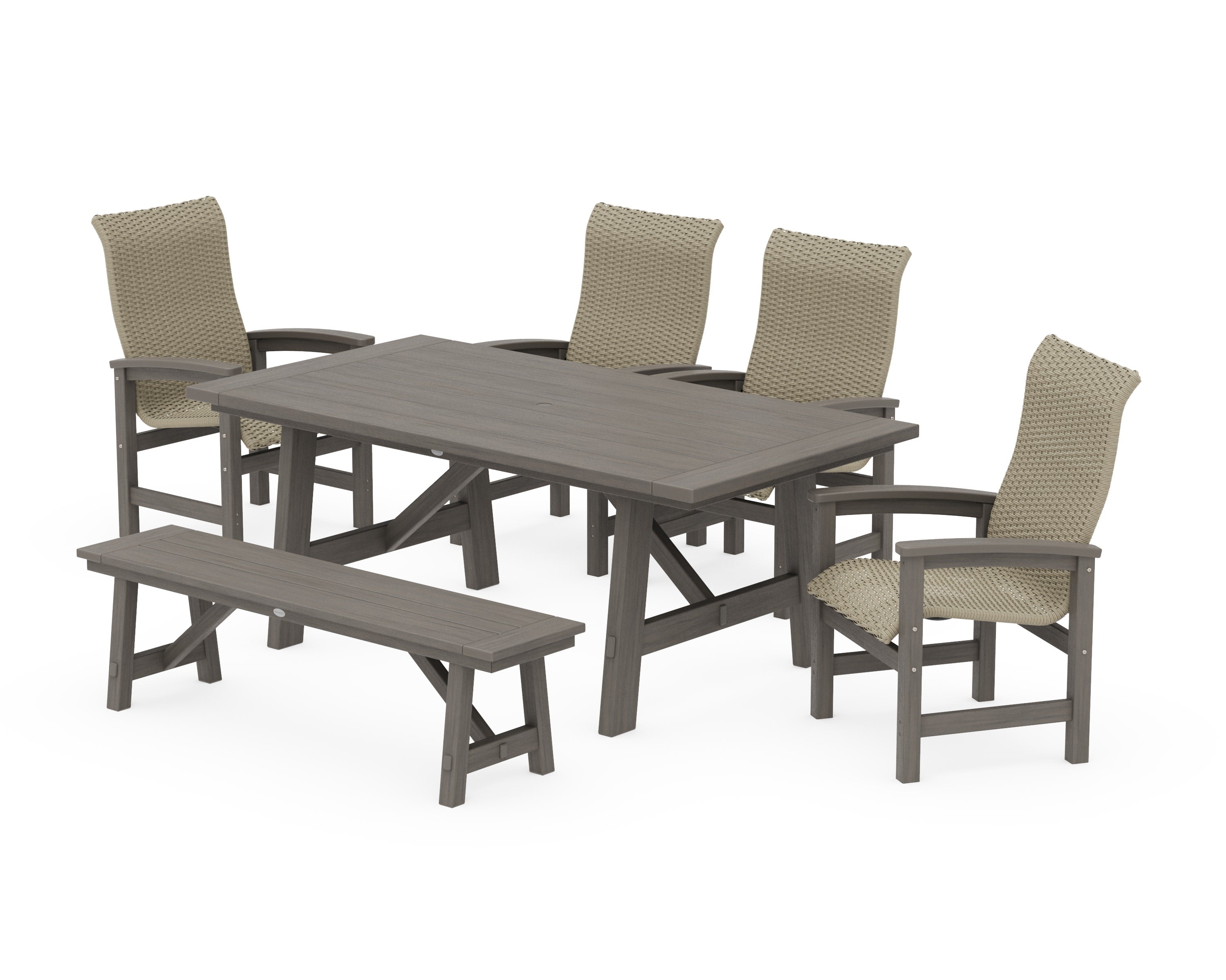 Coastal Woven High-Back 6-Piece Rustic Farmhouse Dining Set with Bench in Driftwood / Dune Grass