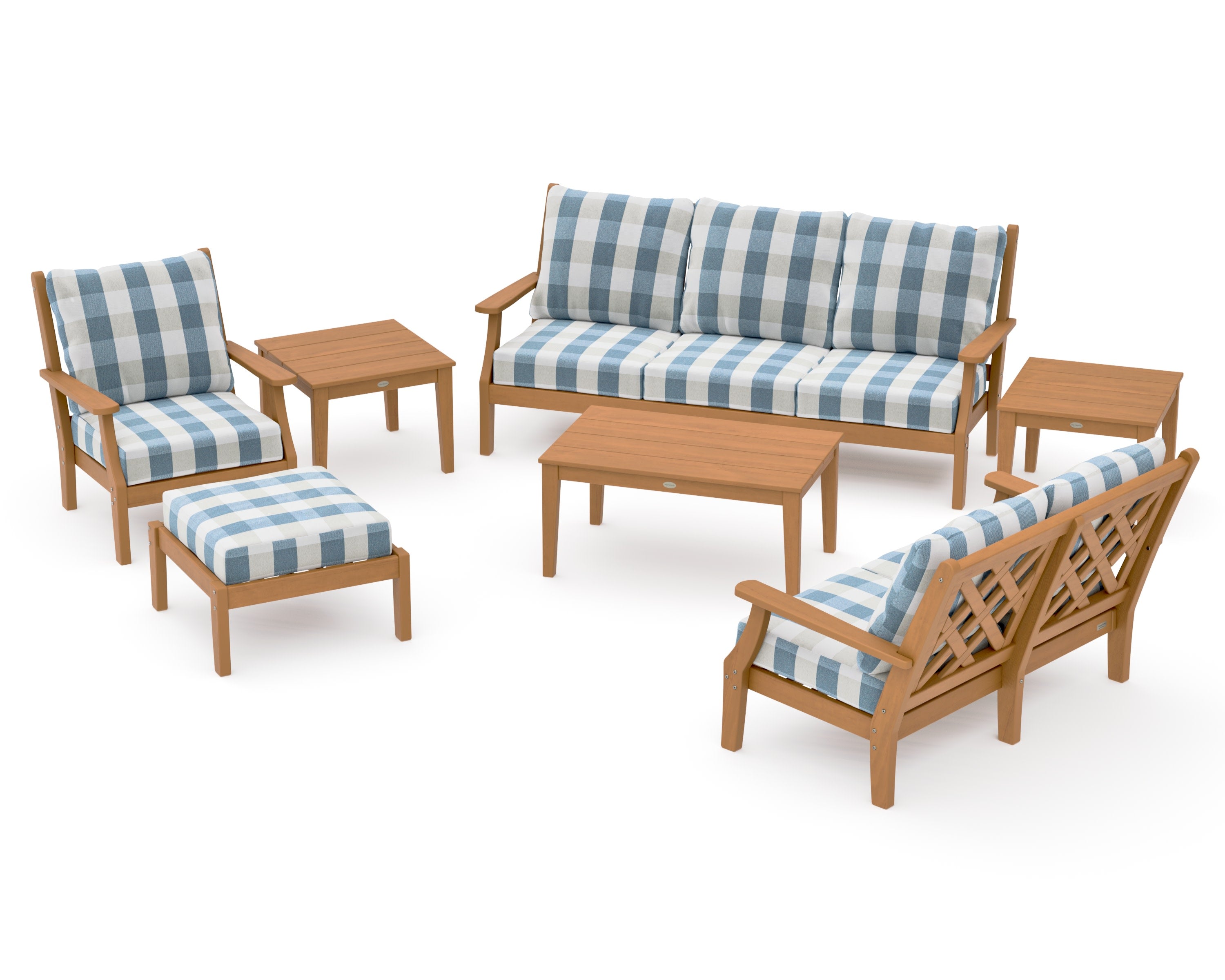 Wovendale 7-Piece Deep Seating Set in Natural / Buffalo Plaid Sky Blue